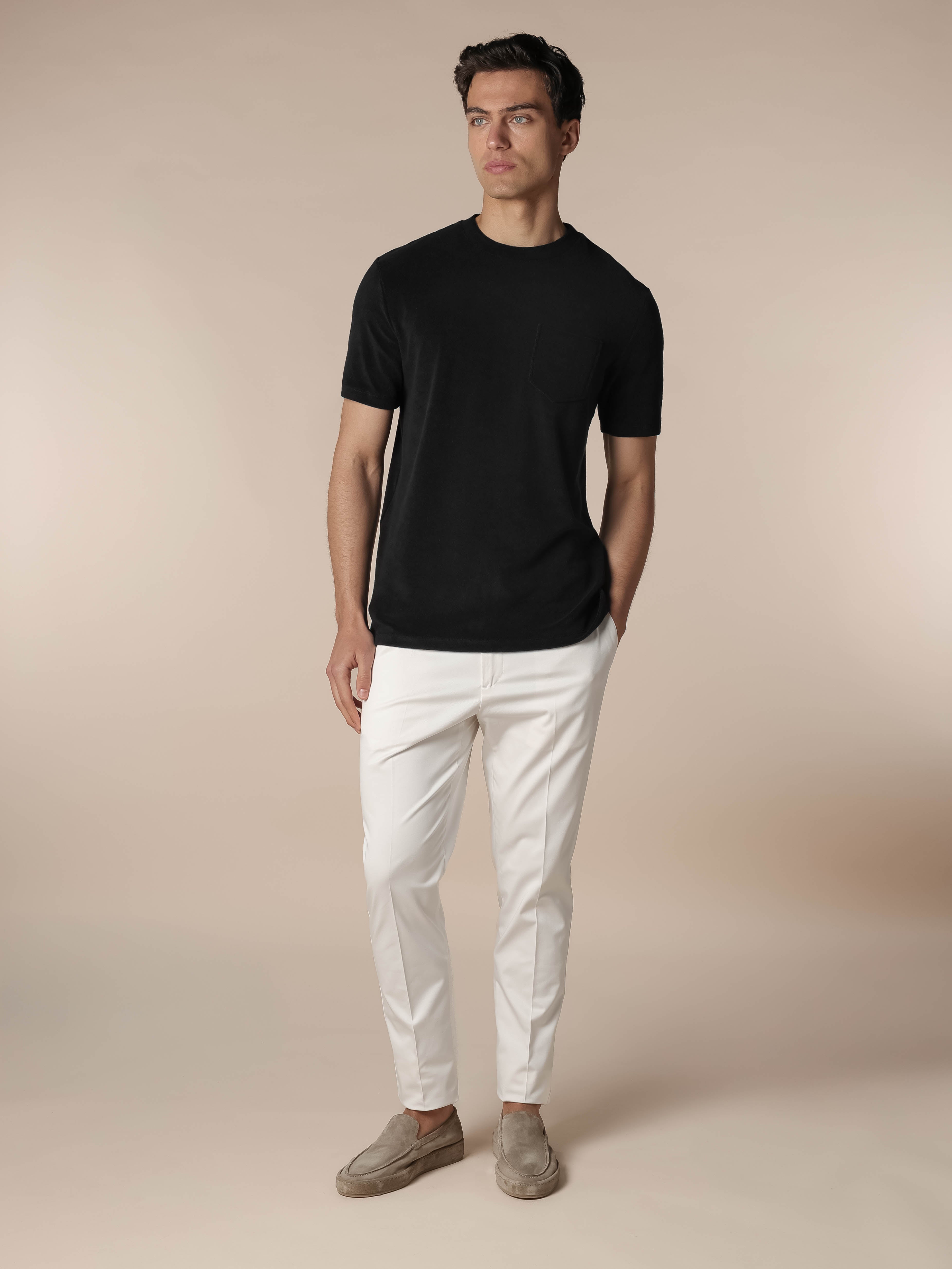 Frottee R-Neck T-Shirt Schwarz