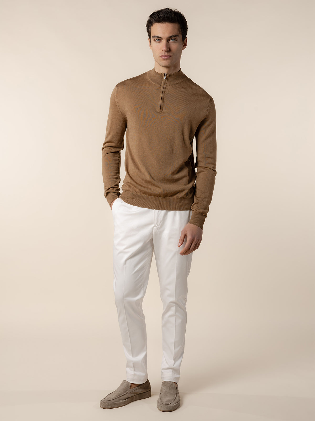 Extrafine Merino Zipper Sweater Dark Beige