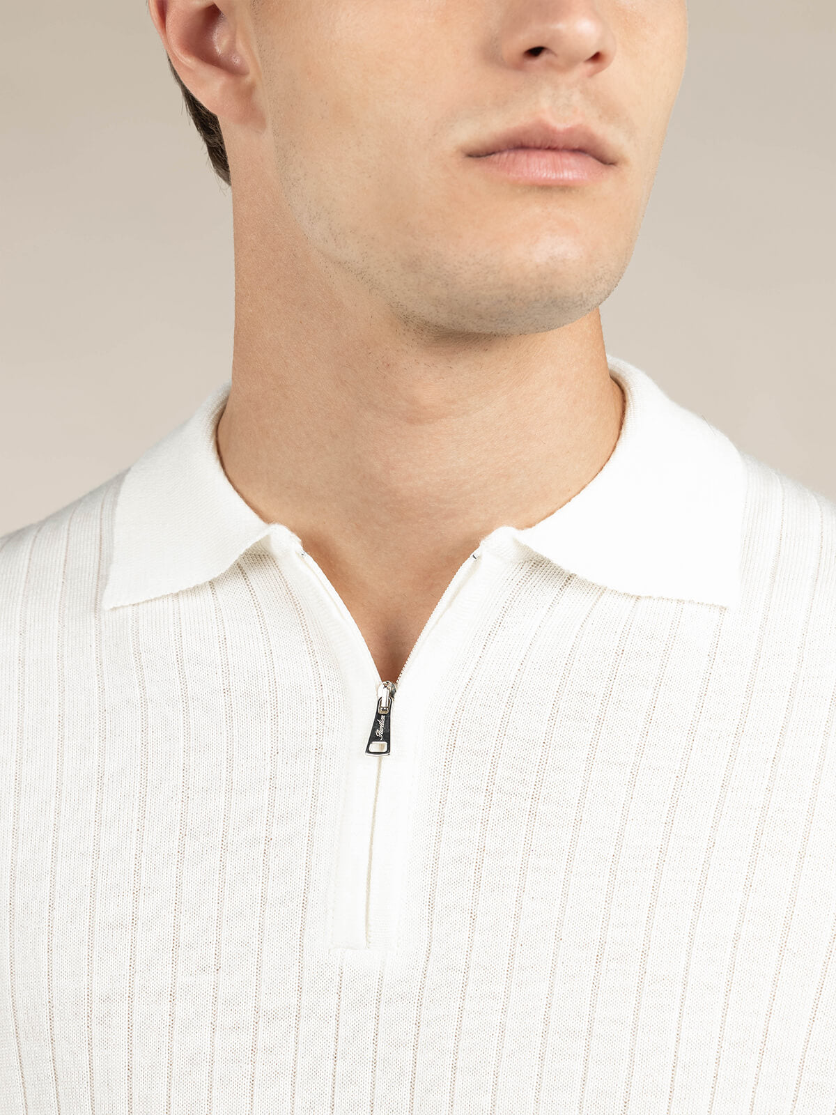 Ribbed Zipper Polo Ivory
