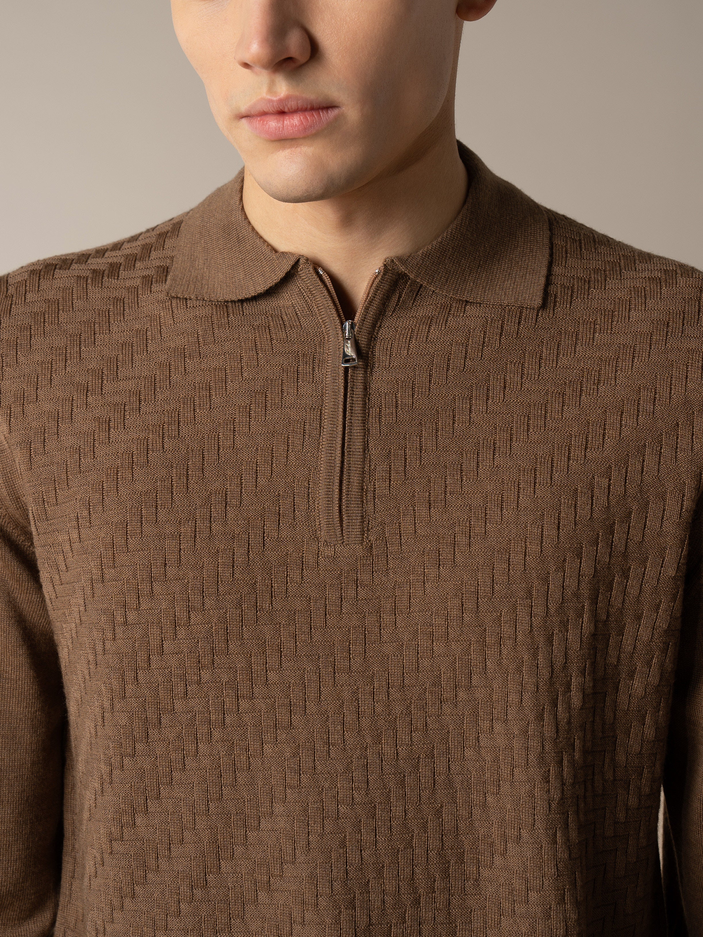 Brown Zipper Polo Basket Weave