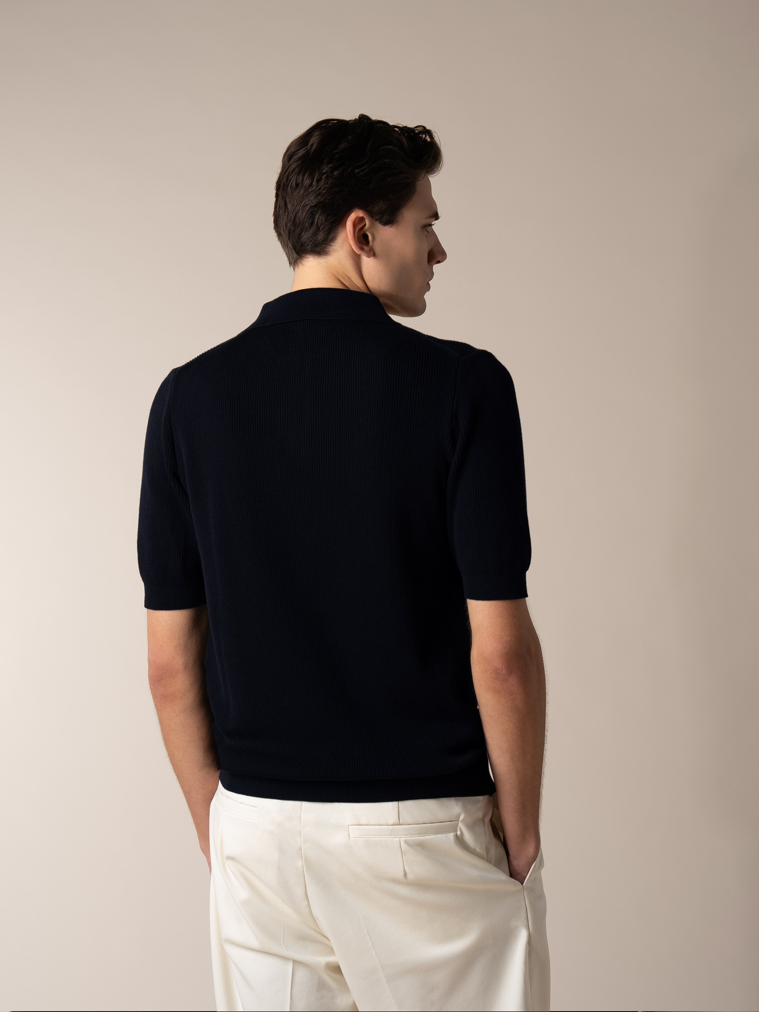 Shortsleeve Ribbed Knitted Polo Navy