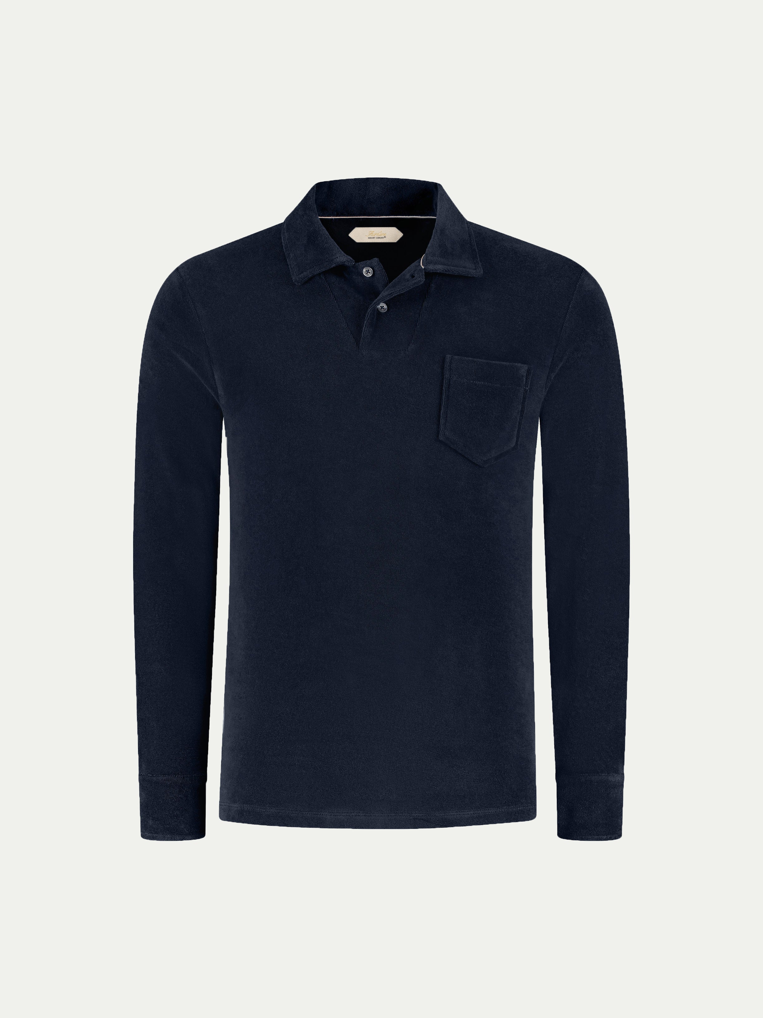 Frottee-Langarm-Poloshirt Navy