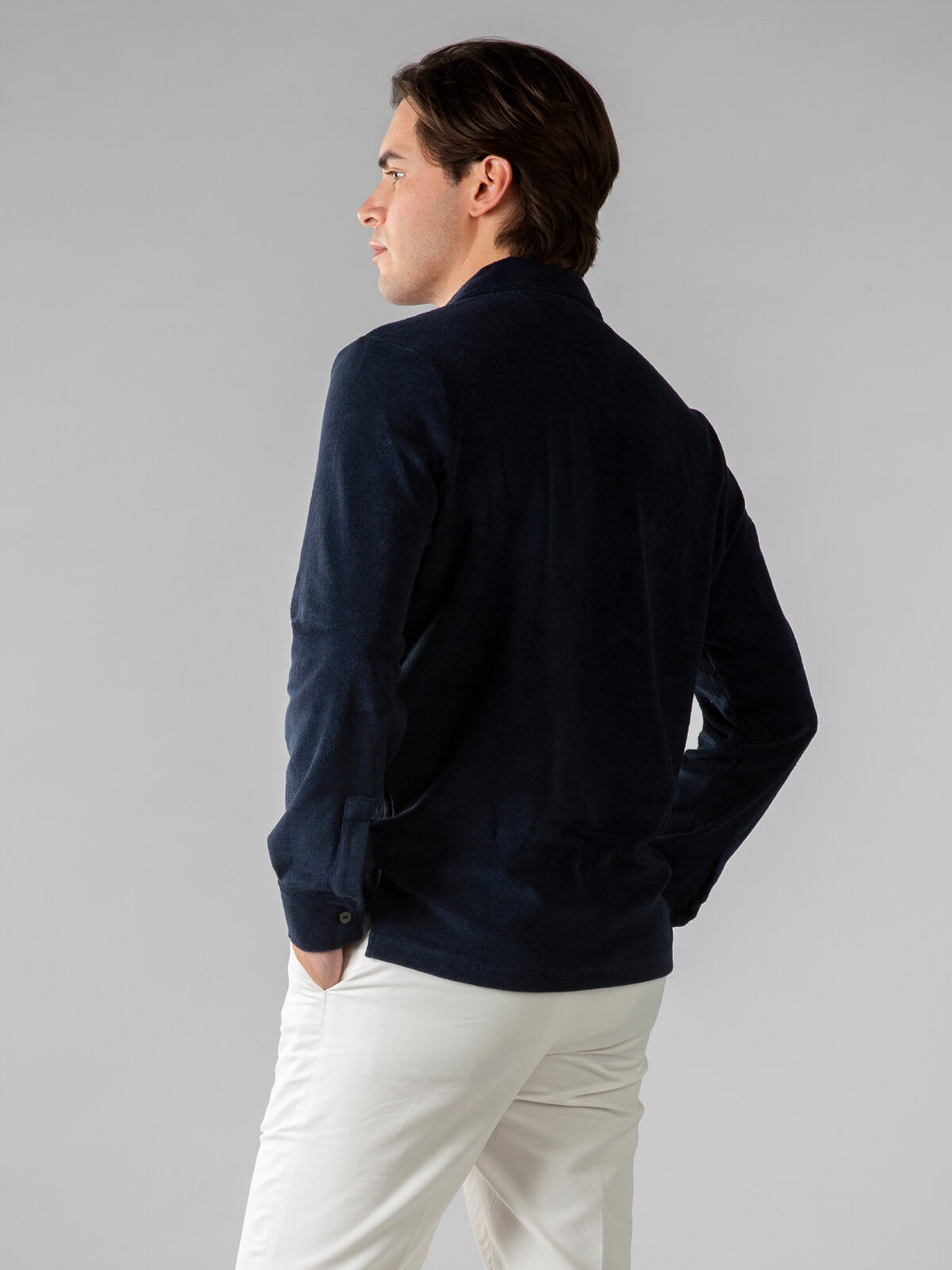 Frottee-Langarm-Poloshirt Navy