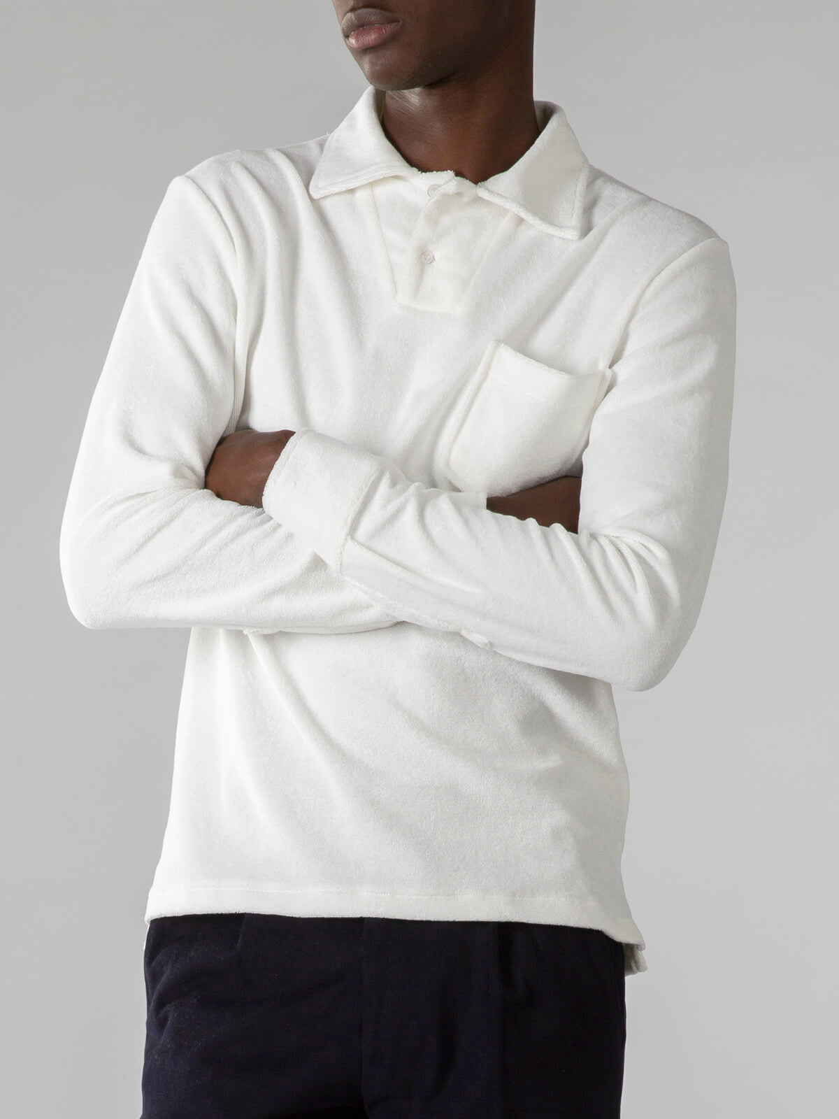 Frottee-Langarm-Poloshirt Weiß