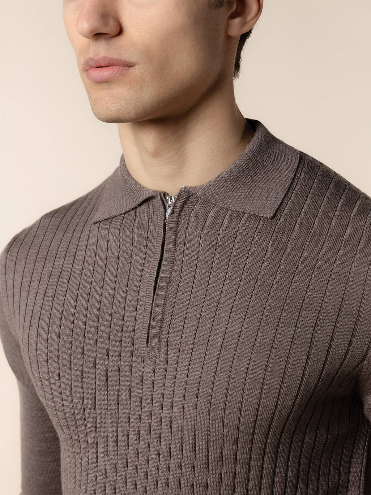 Ribbed Zipper Polo Ash Grey
