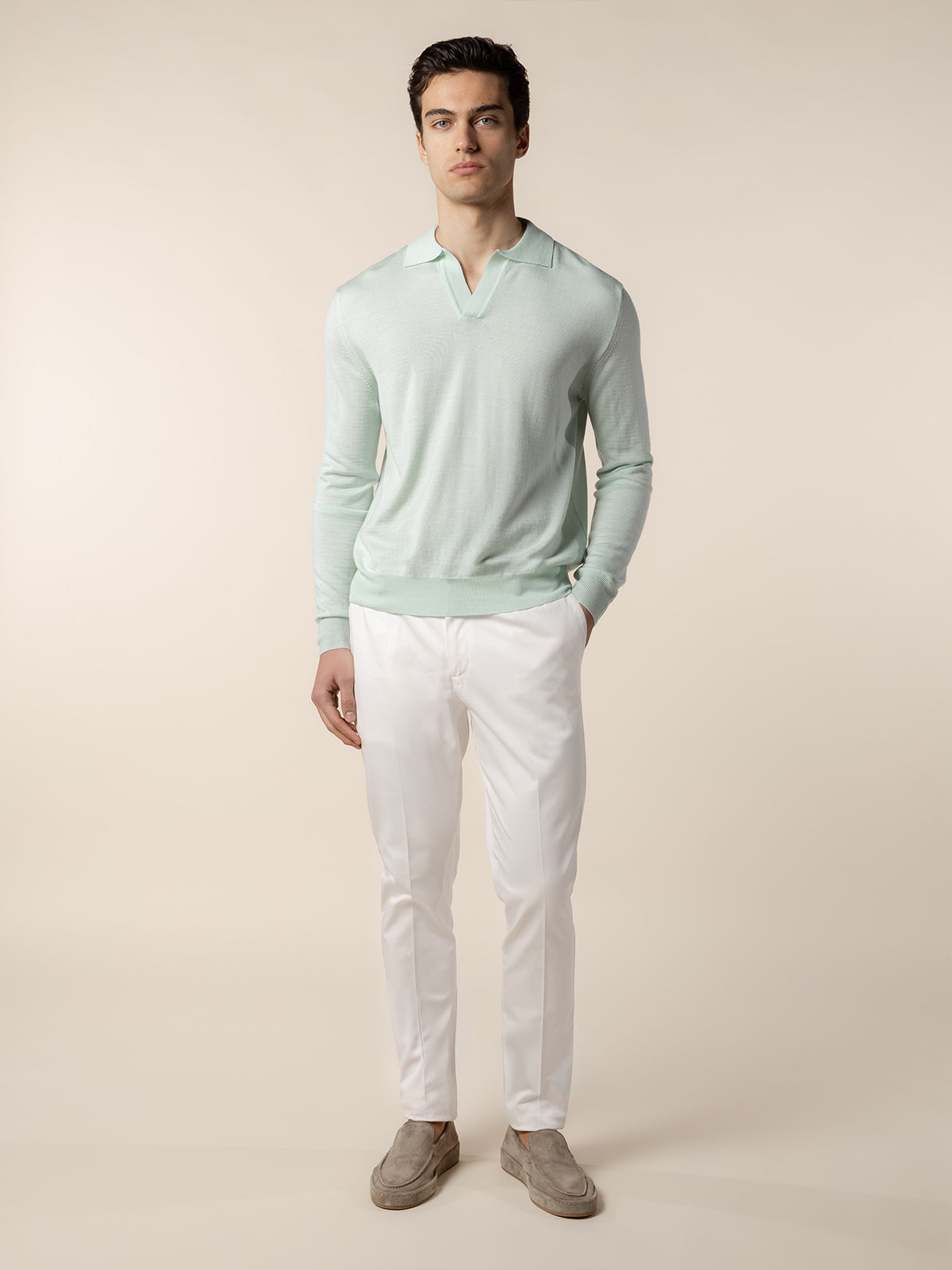 Extrafine Merino Buttonless Polo Light Aqua