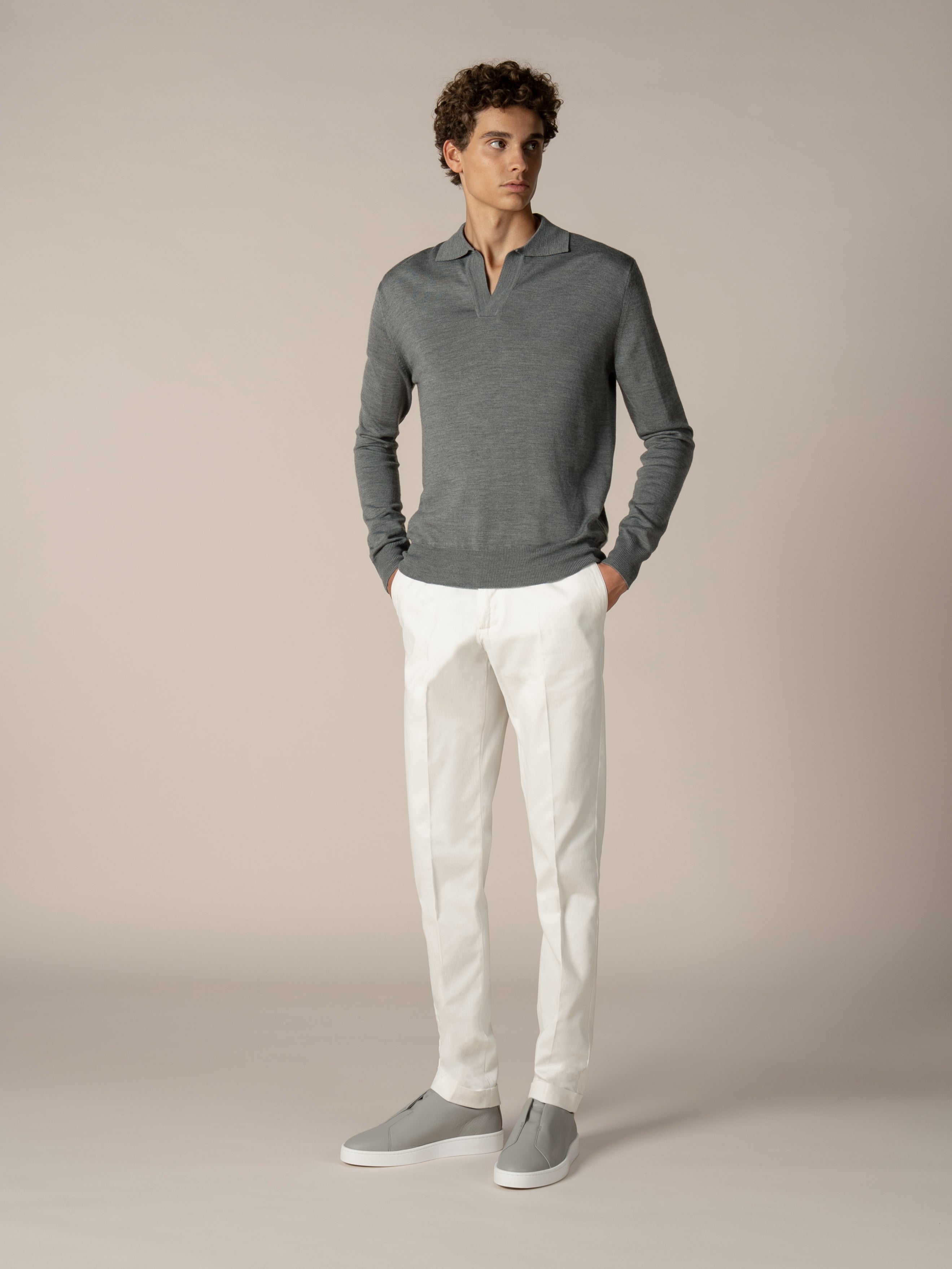 Extrafine Merino Buttonless Polo Dark Grey