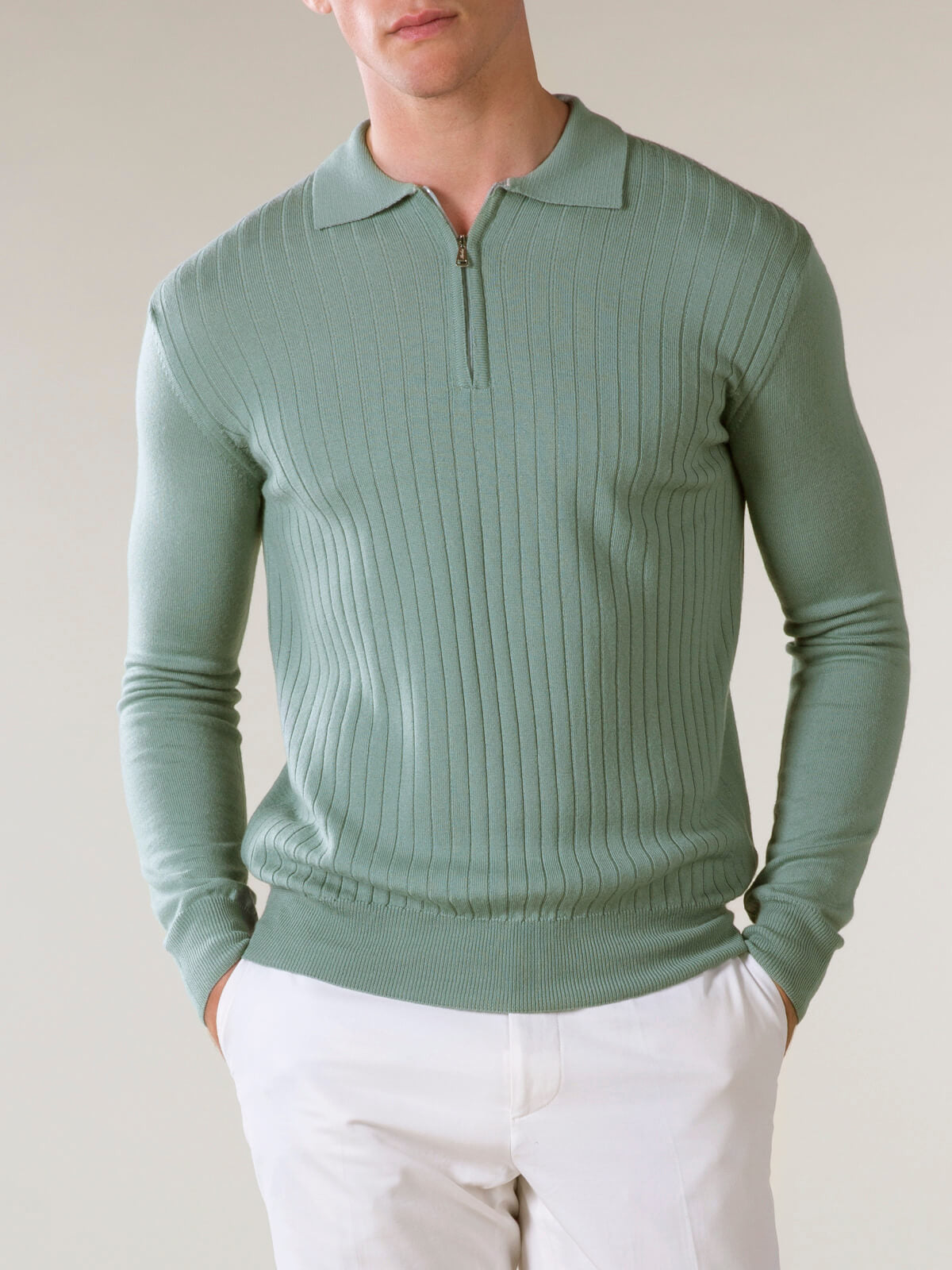Ribbed Zipper Polo Light Green
