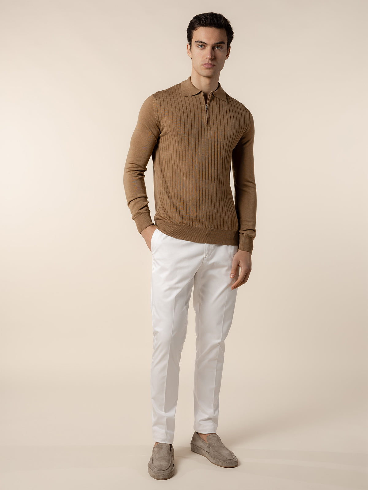 Ribbed Zipper Polo Dark Beige