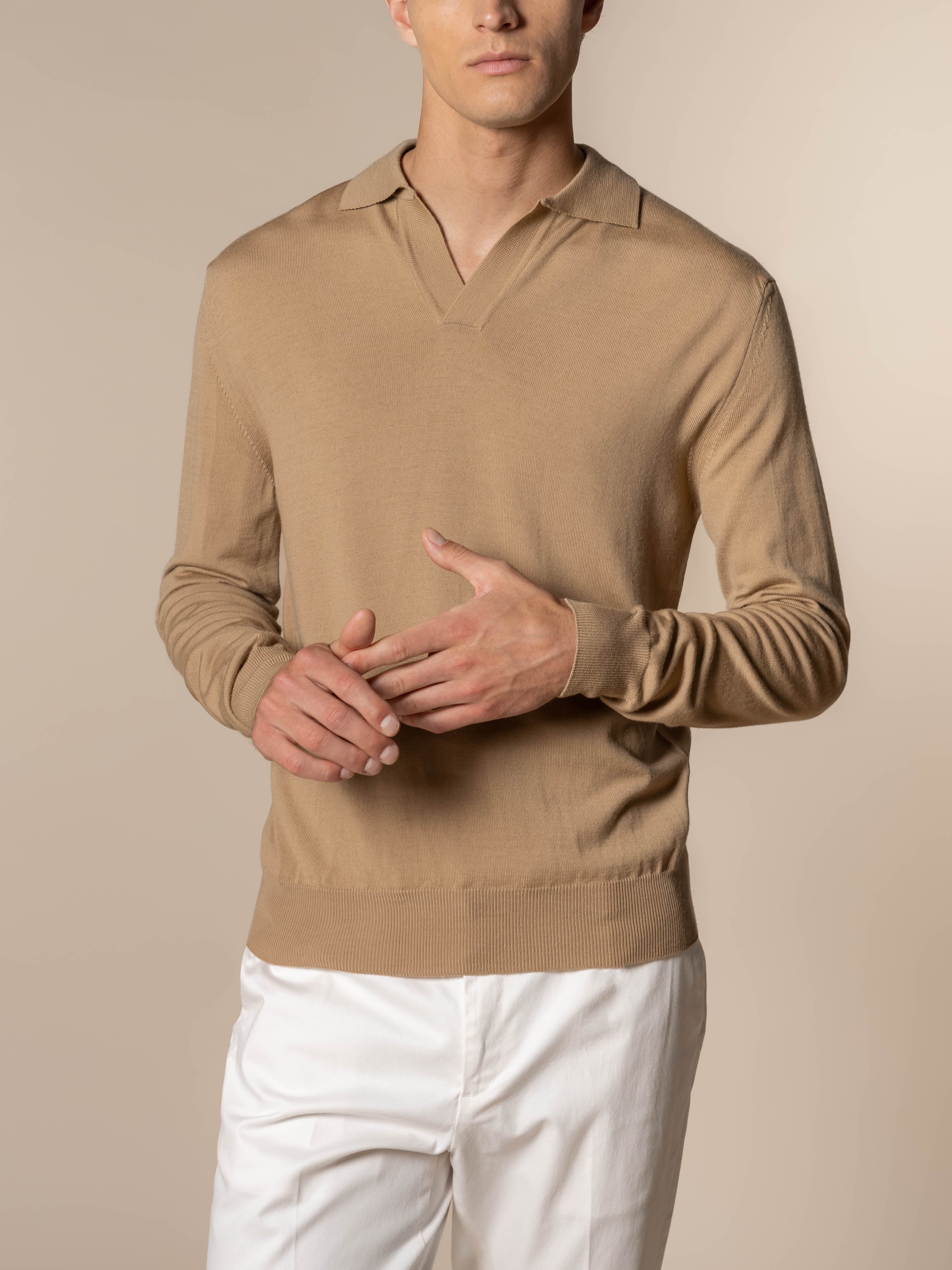 Extrafine Merino Buttonless Polo Beige