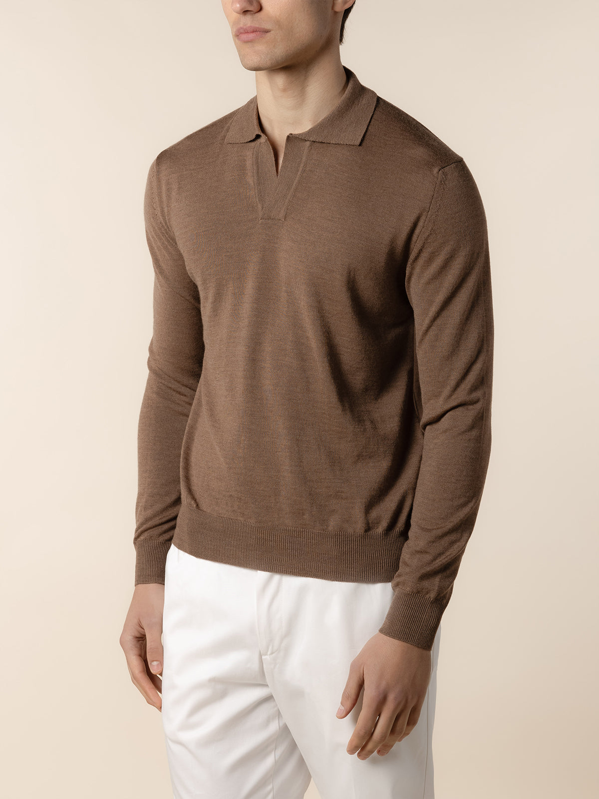 Extrafine Merino Buttonless Polo Golden Brown