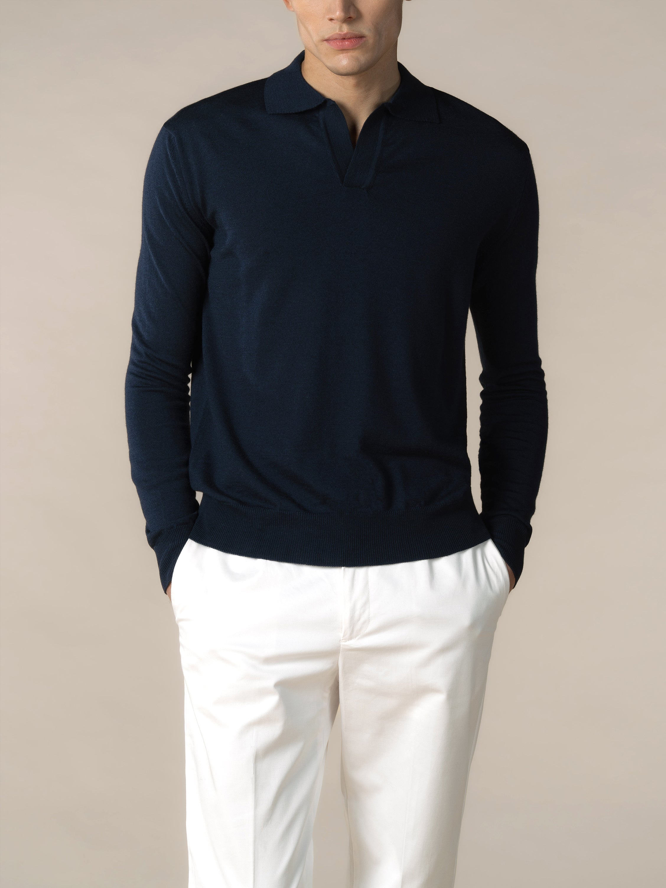 Extrafine Merino Buttonless Polo Navy