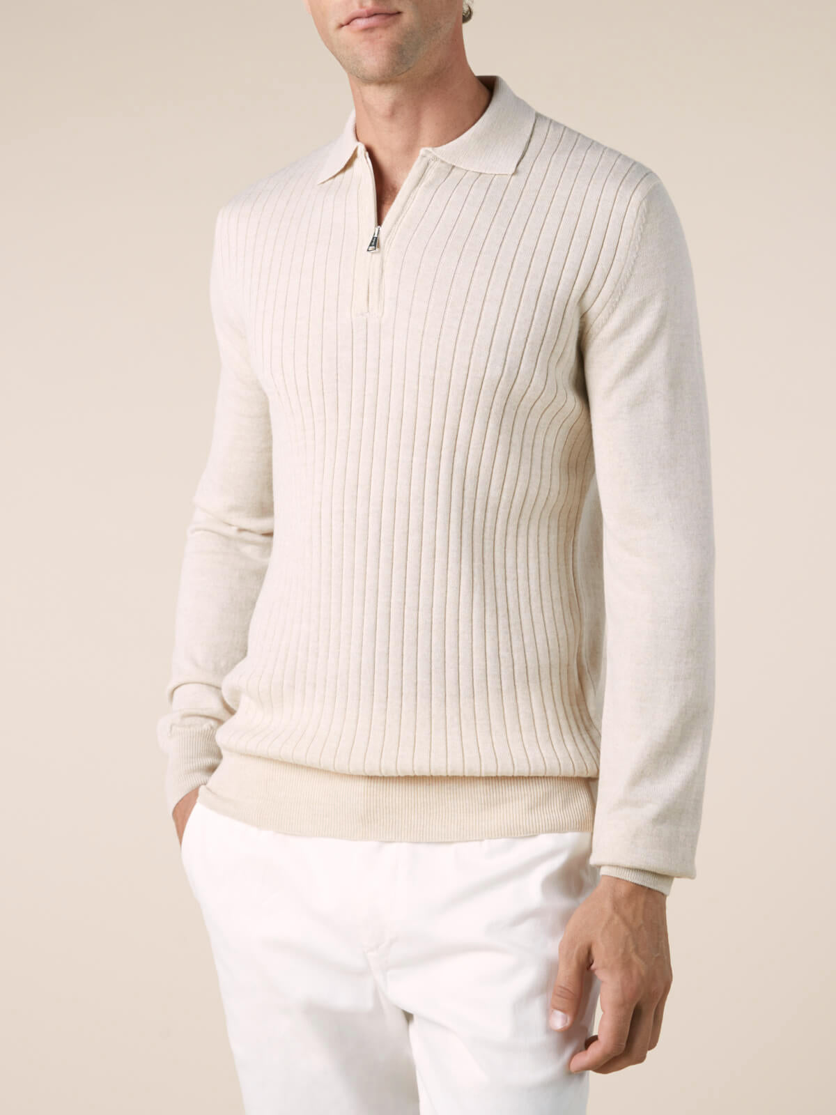 Ribbed Zipper Polo Light Beige