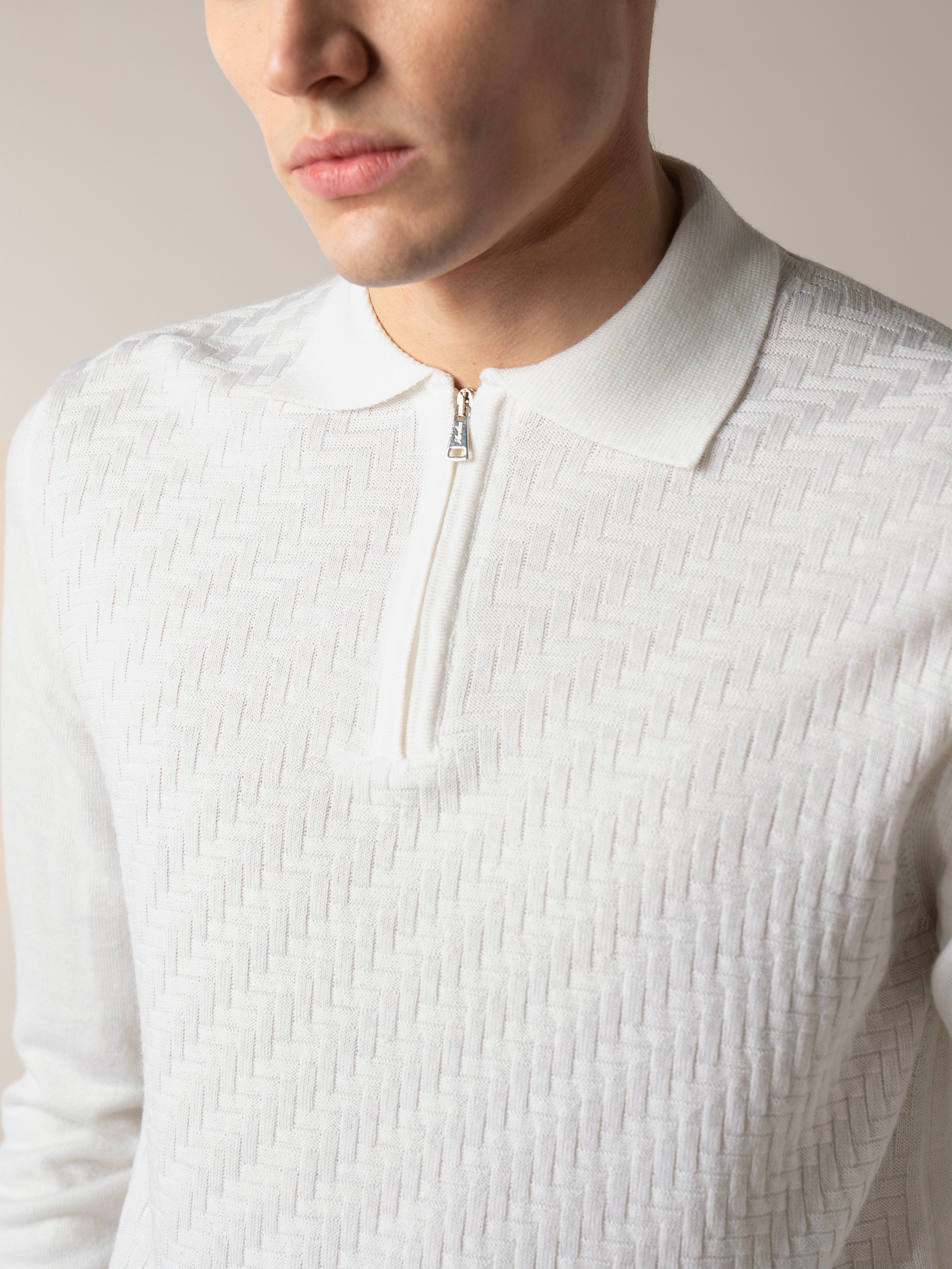 Ivory Zipper Polo Basket Weave