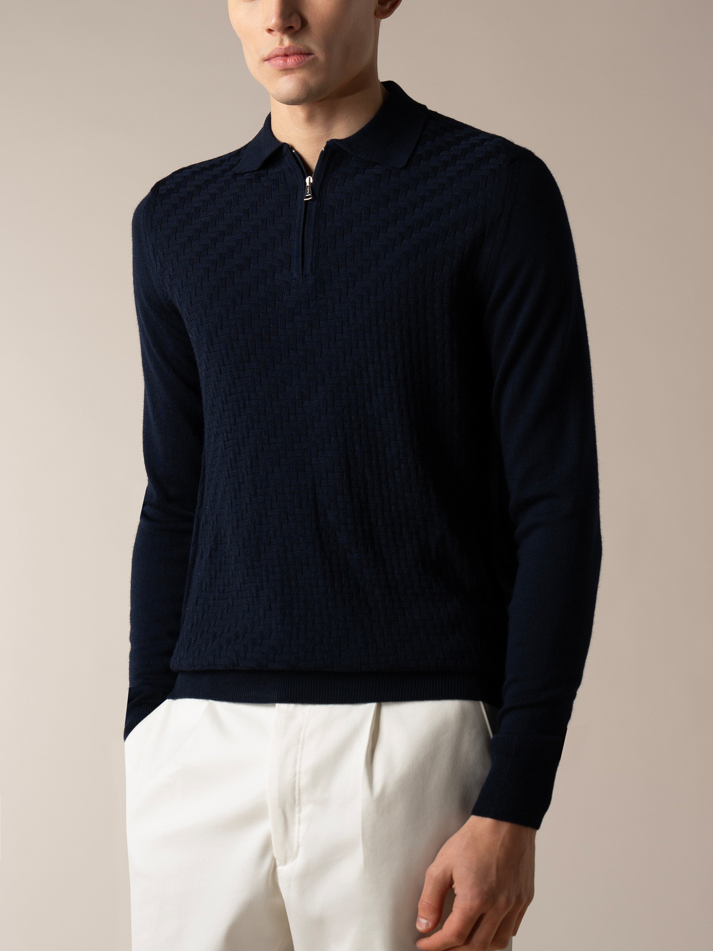 Navy Zipper Polo Basket Weave