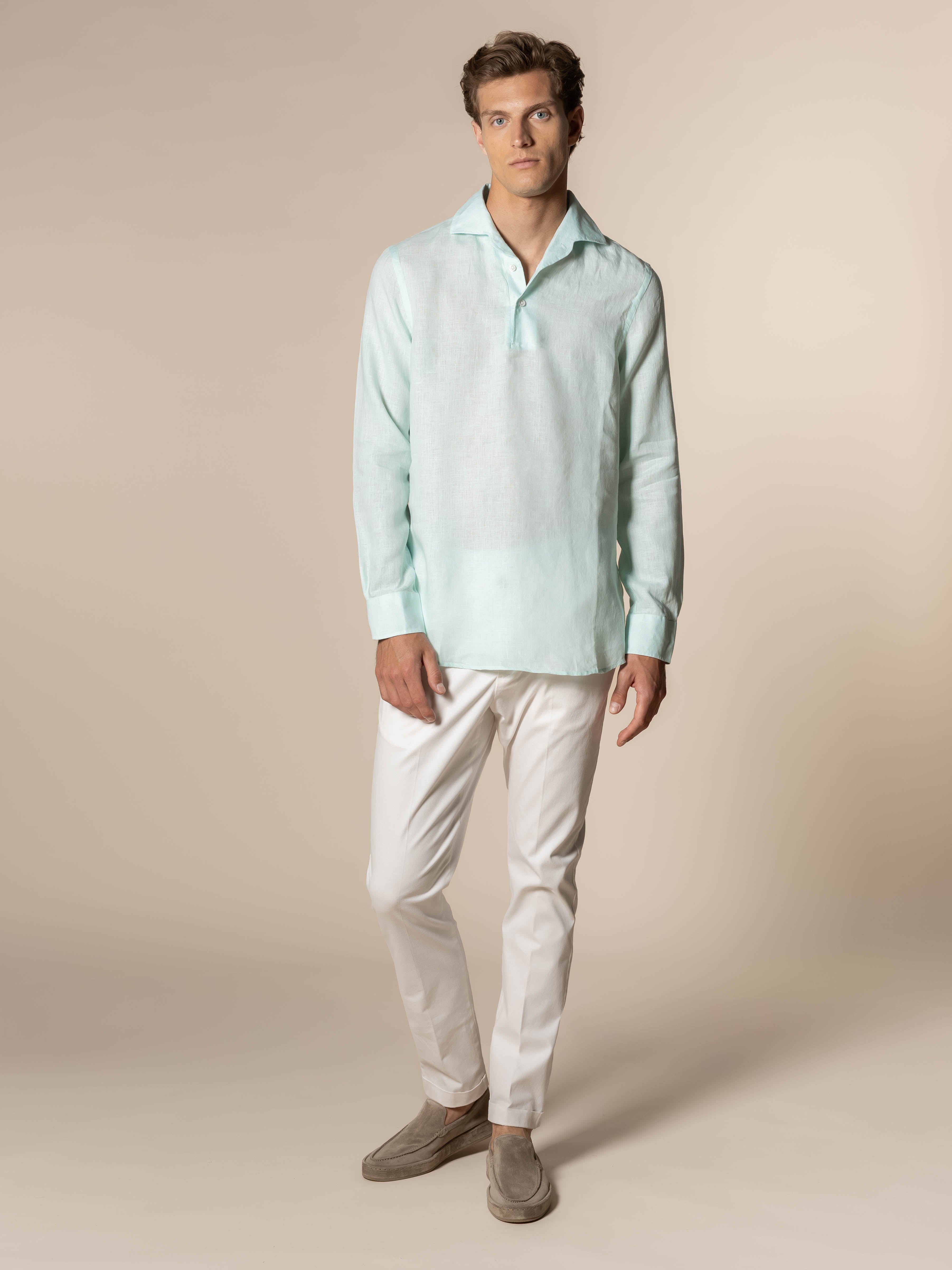 Light Aqua Linen Pop-over Shirt