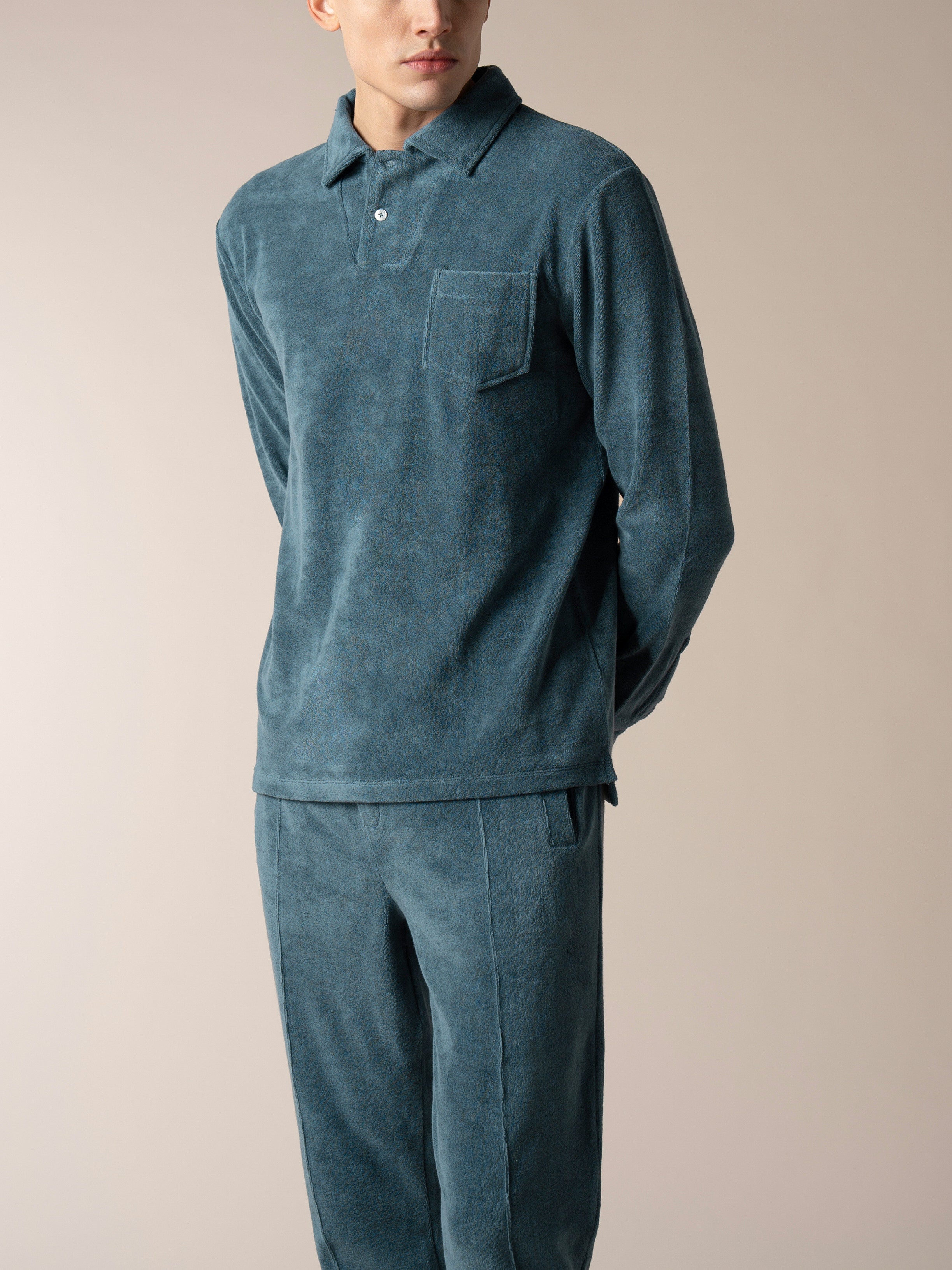 Sea Green Terry Towelling Longsleeve Polo