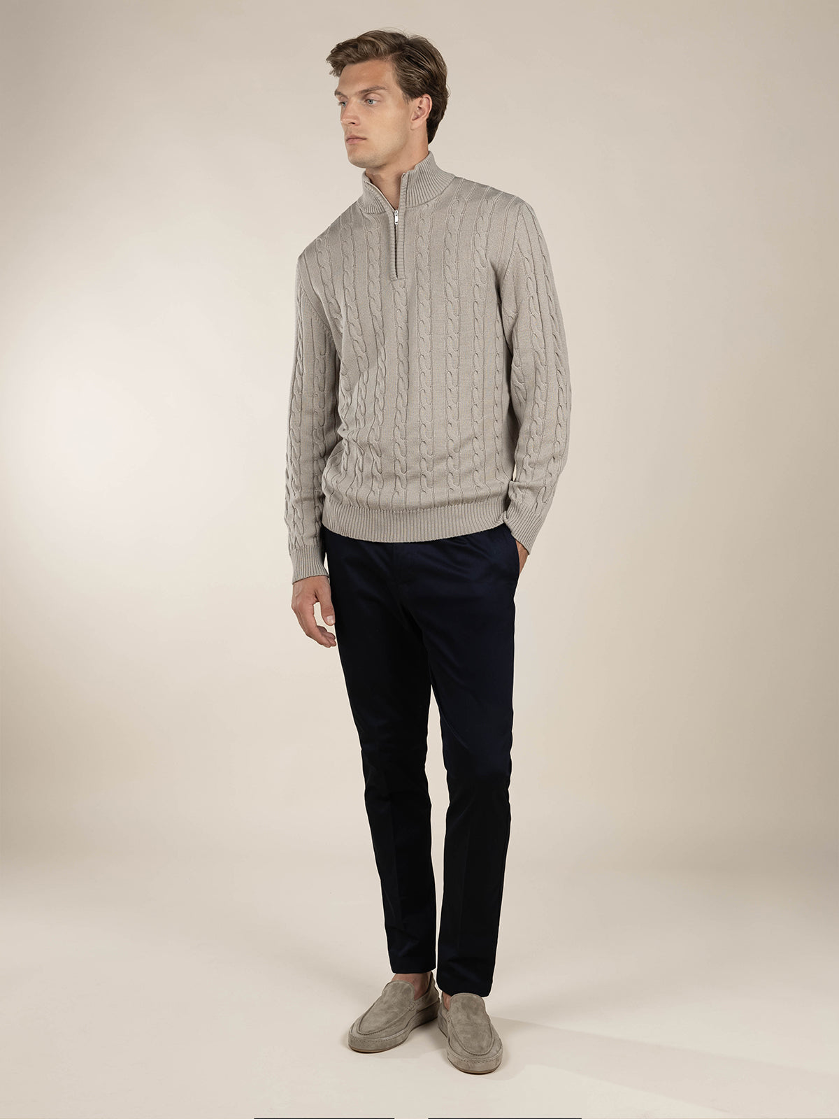 Zipper Cable Sweater Greige