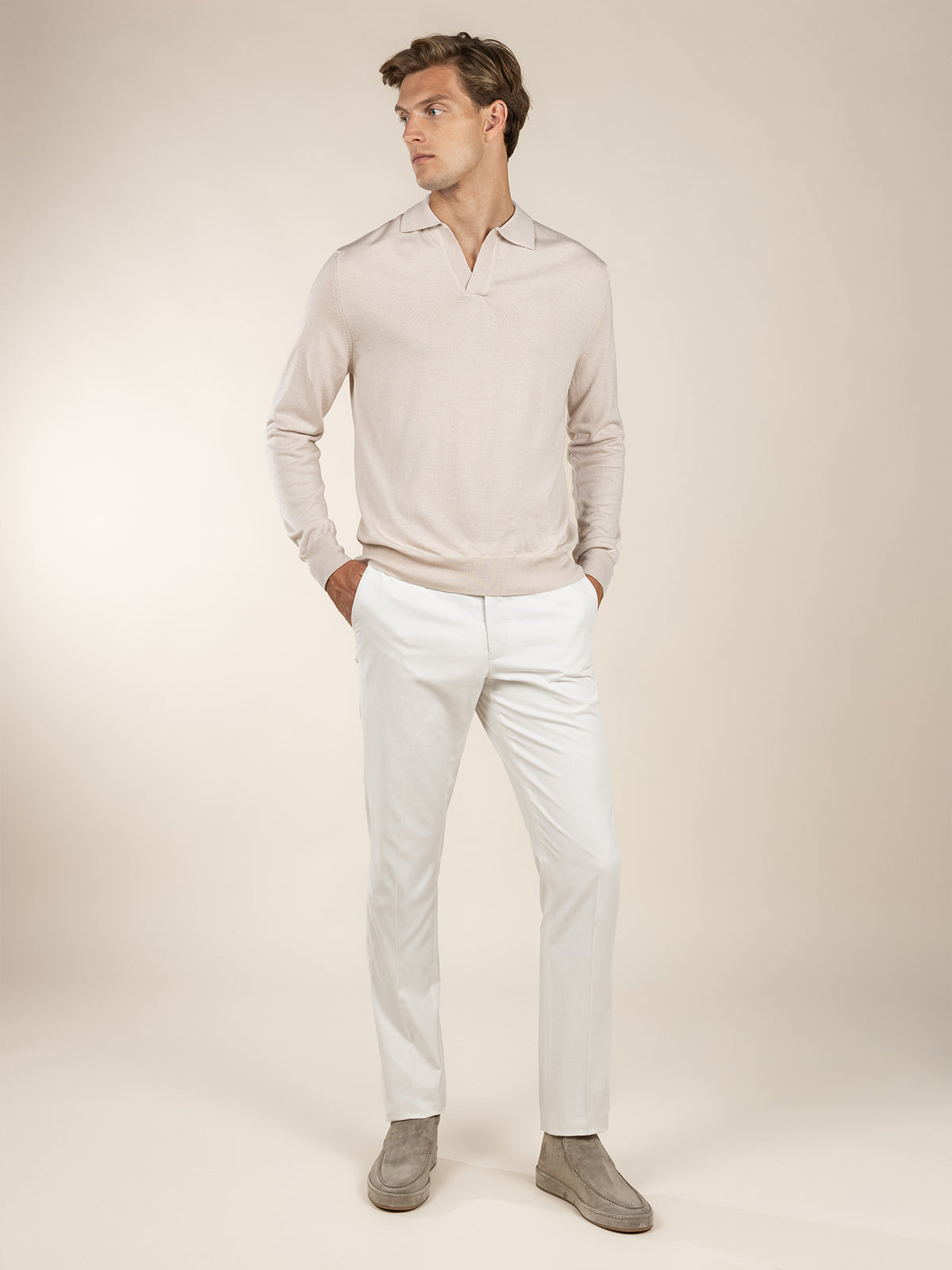 Extrafine Merino Buttonless Polo Ecru