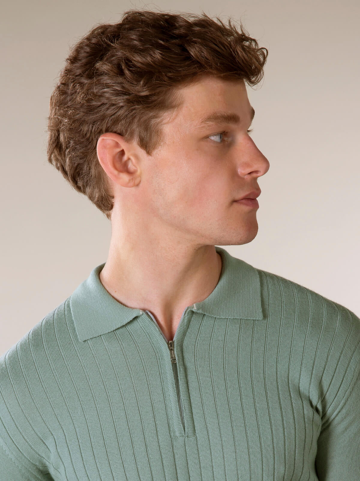 Ribbed Zipper Polo Light Green