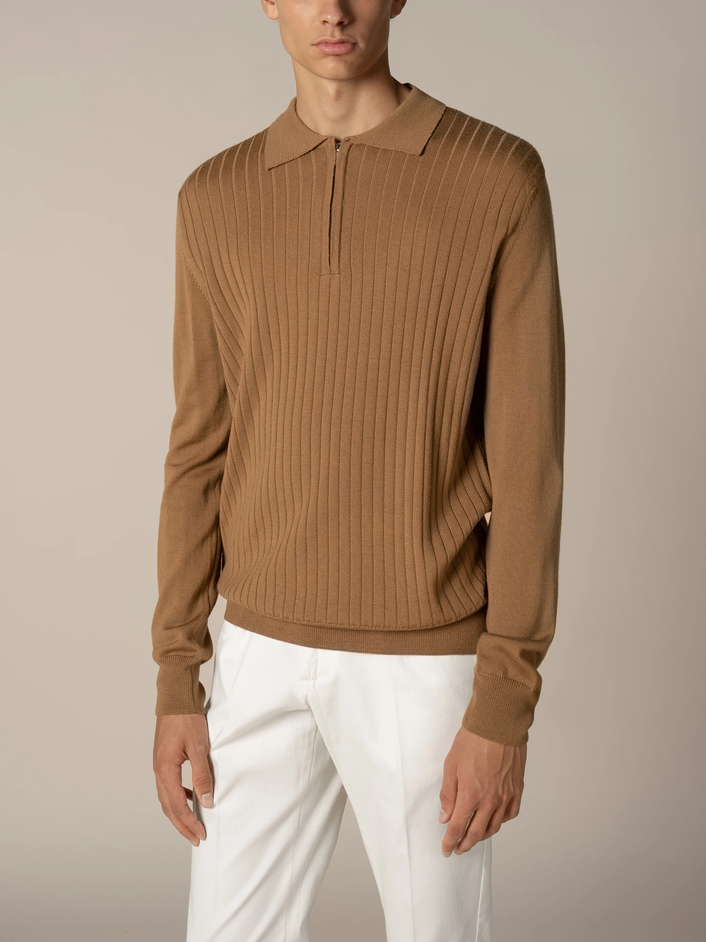 Ribbed Zipper Polo Caramel