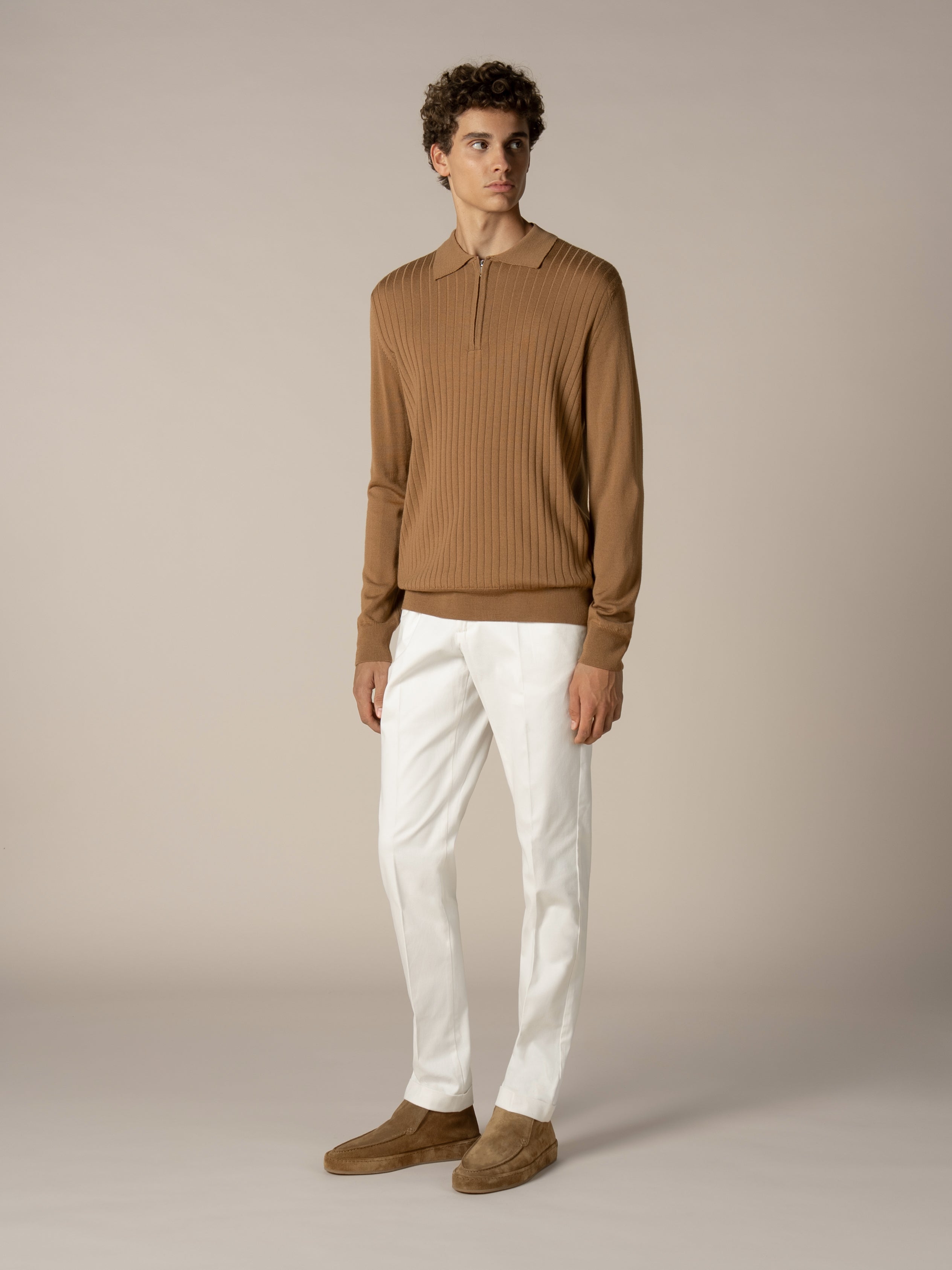 Ribbed Zipper Polo Caramel