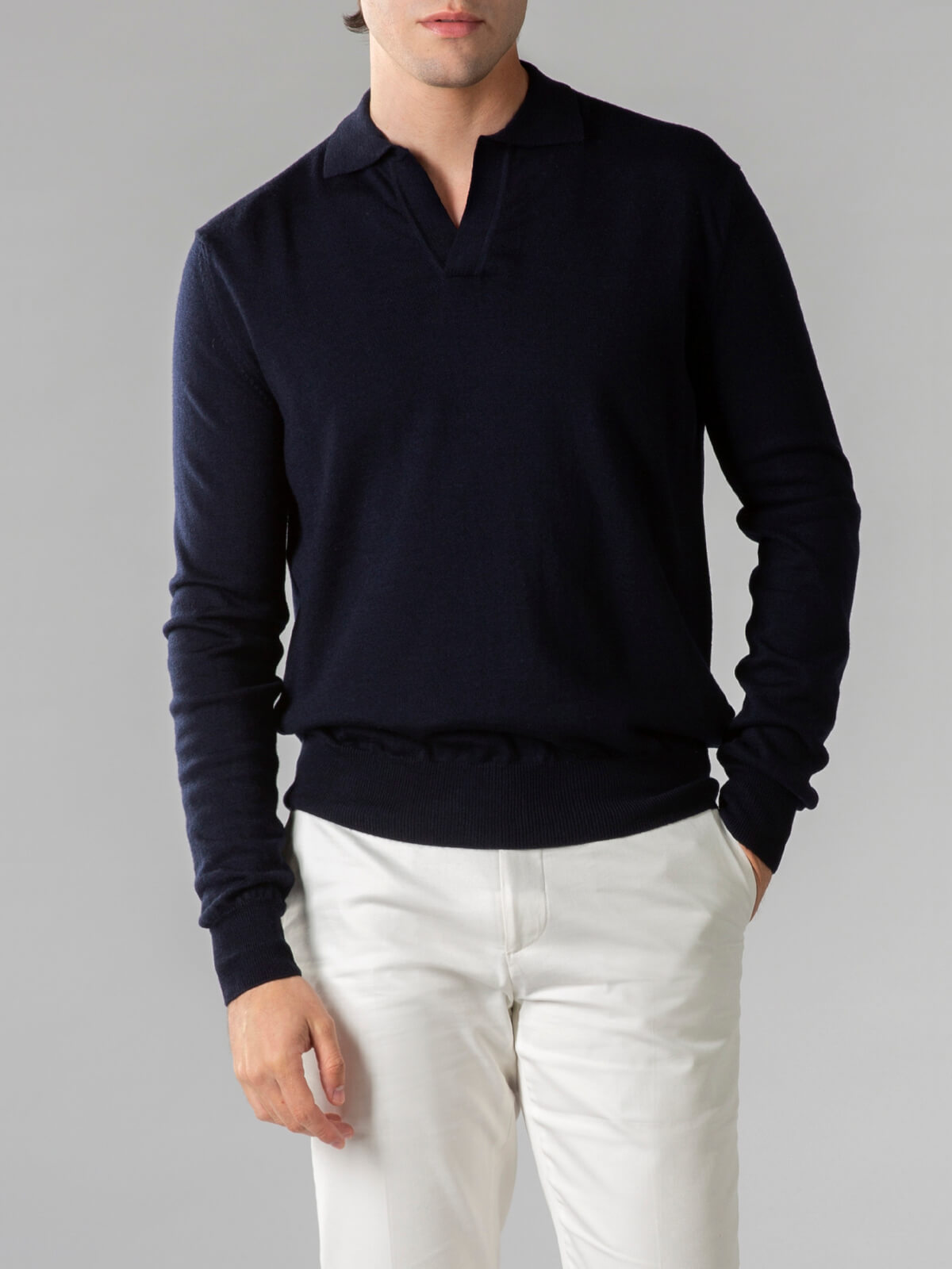 Extrafine Merino Buttonless Polo Navy