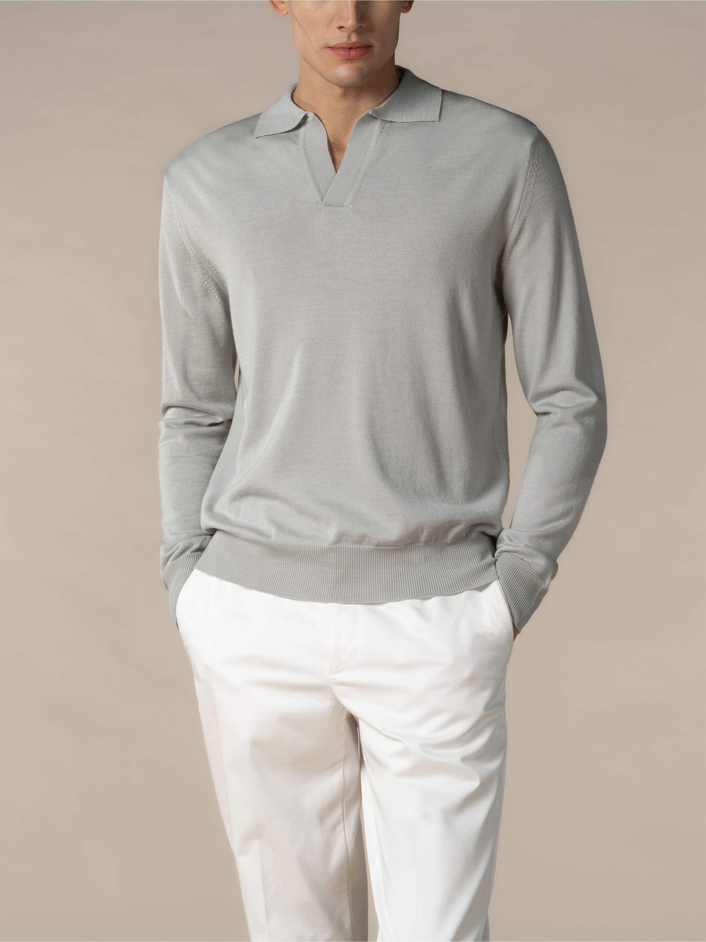 Extrafine Merino Buttonless Polo Classic Grey