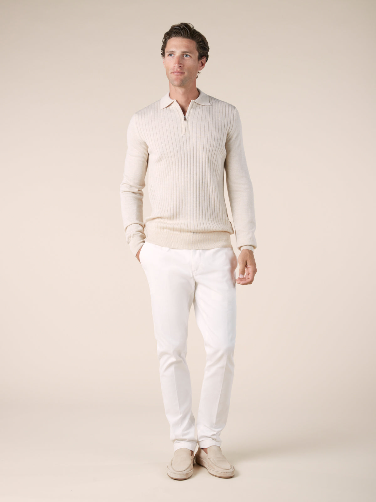 Ribbed Zipper Polo Light Beige
