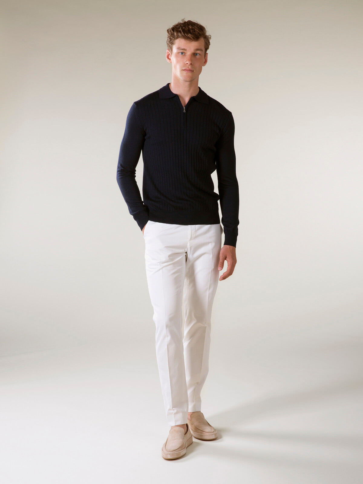 Ribbed Zipper Polo Navy