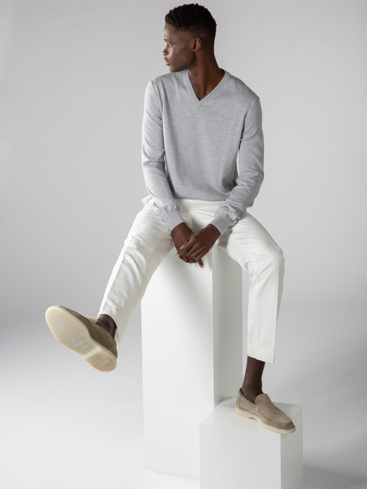 Extrafine Merino V-hals Trui Lichtgrijs