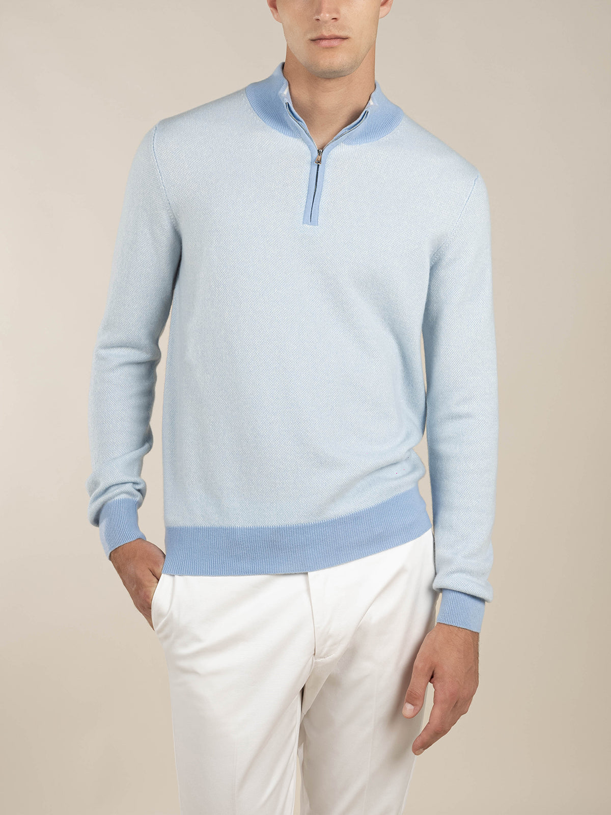 Light Blue Jaquard Zipper Sweater