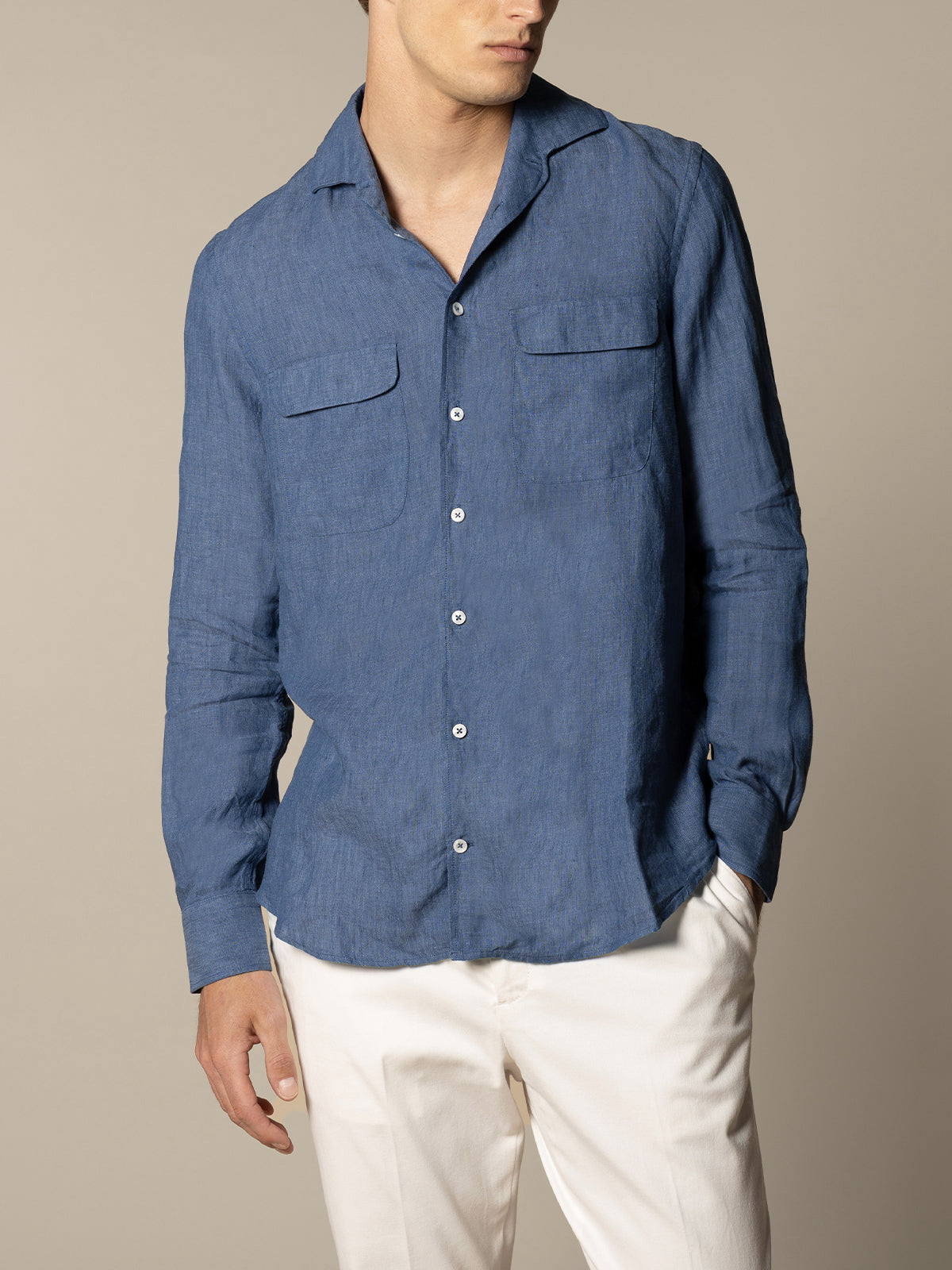 Mid Blue Linen Pocket Shirt