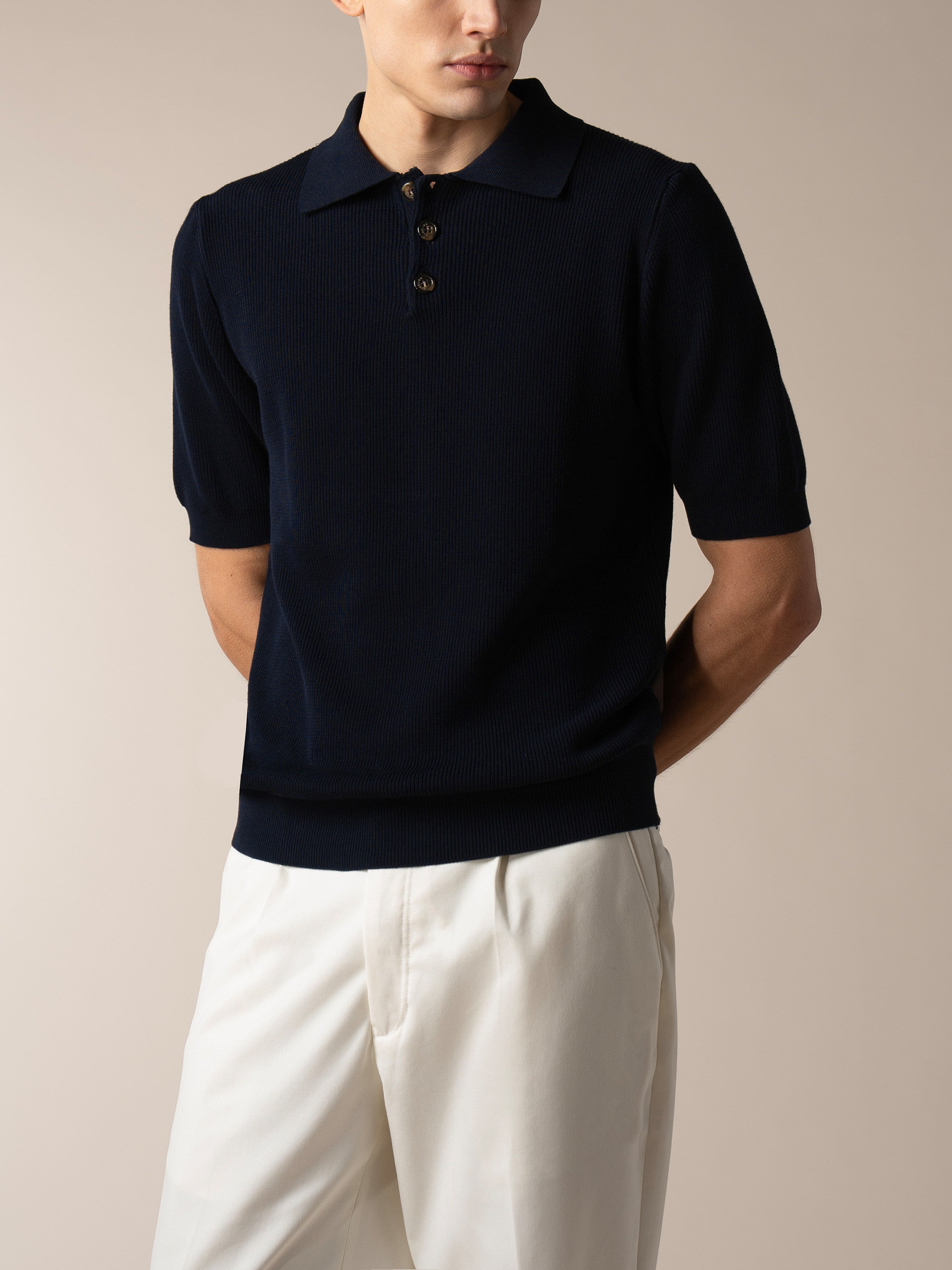 Shortsleeve Ribbed Knitted Polo Navy