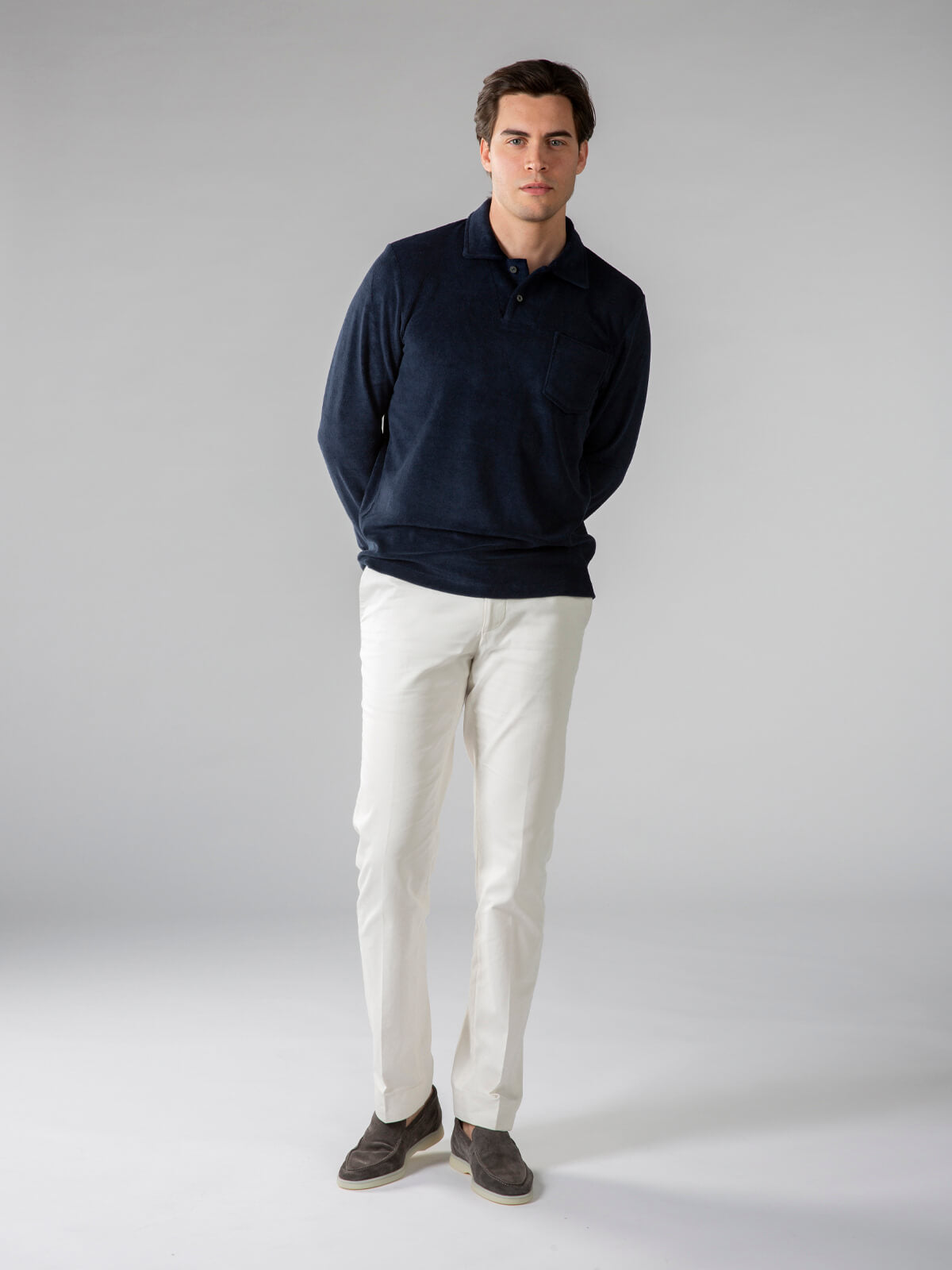 Badstof polo lange mouw Navy