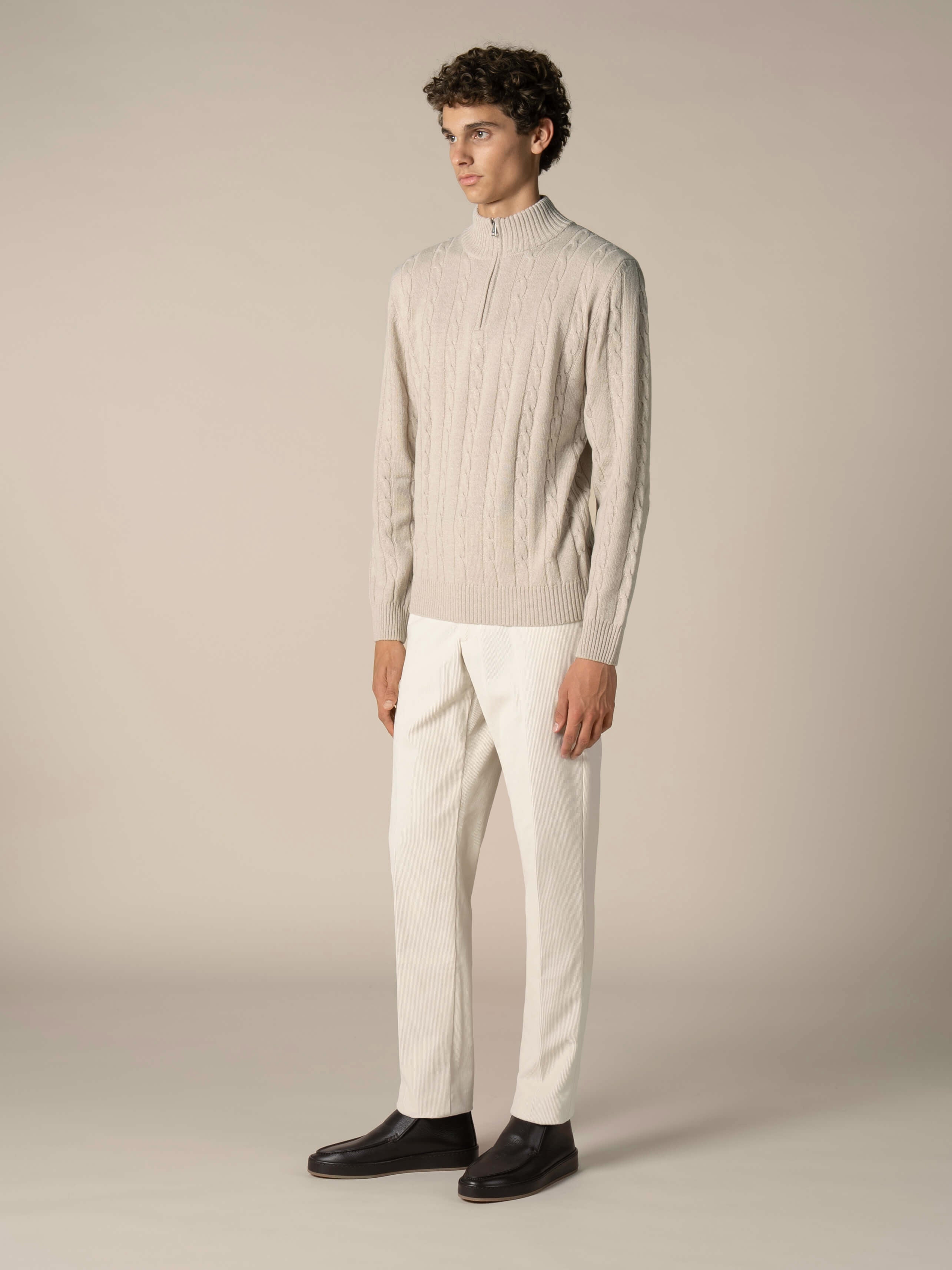 Zipper Cable Sweater Light Beige