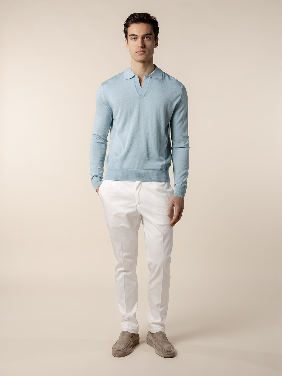 Extrafine Merino Buttonless Polo Cool Blue
