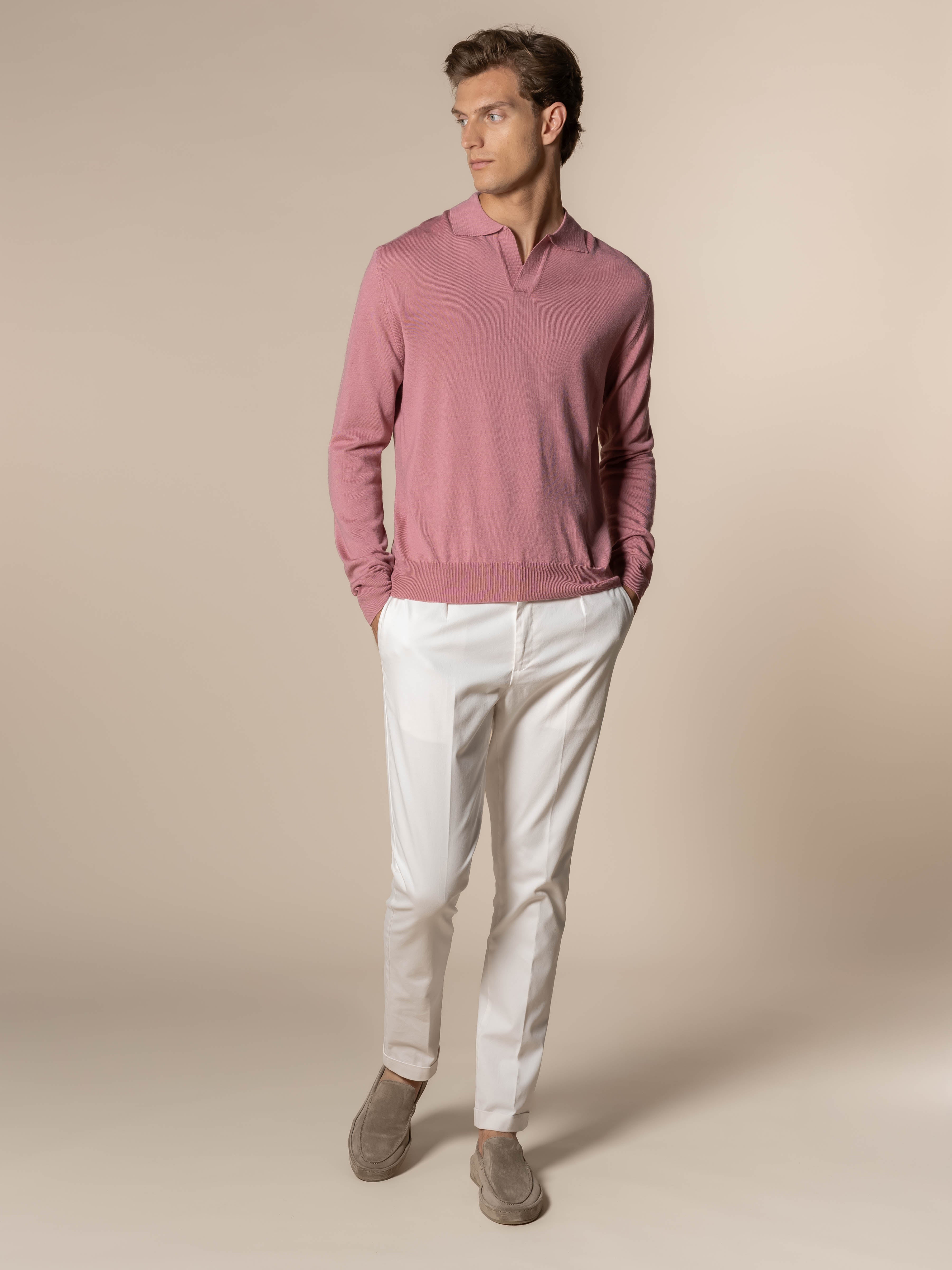 Extrafine Merino Buttonless Polo Dusty Pink