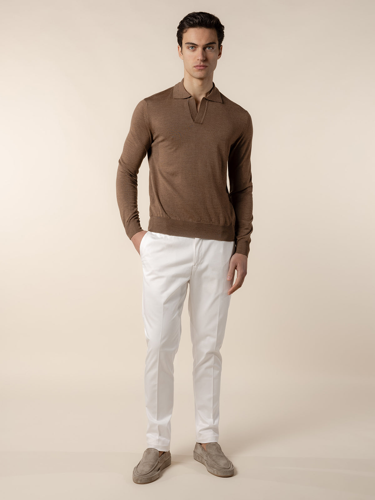 Extrafine Merino Buttonless Polo Golden Brown