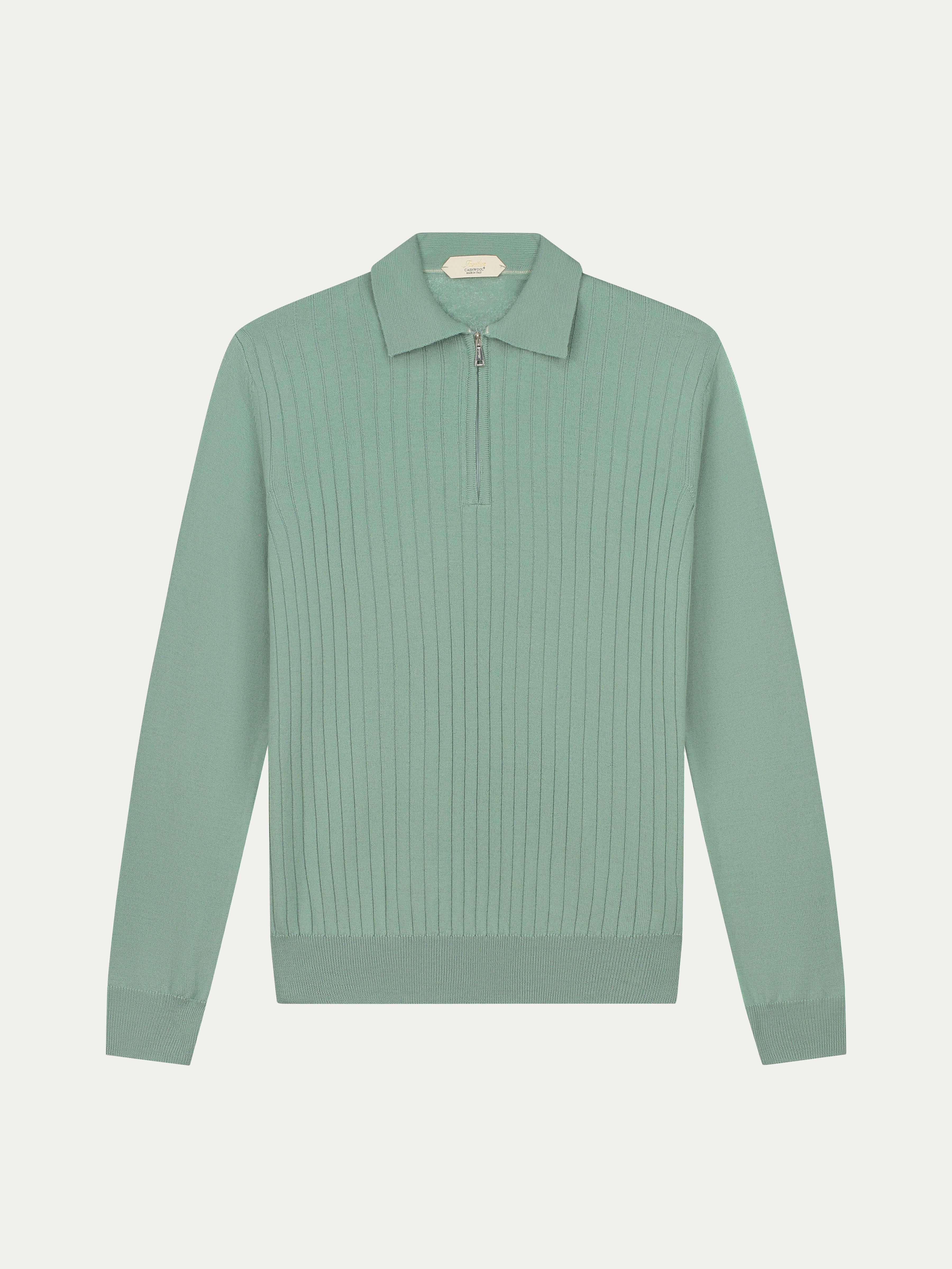 Ribbed Zipper Polo Light Green