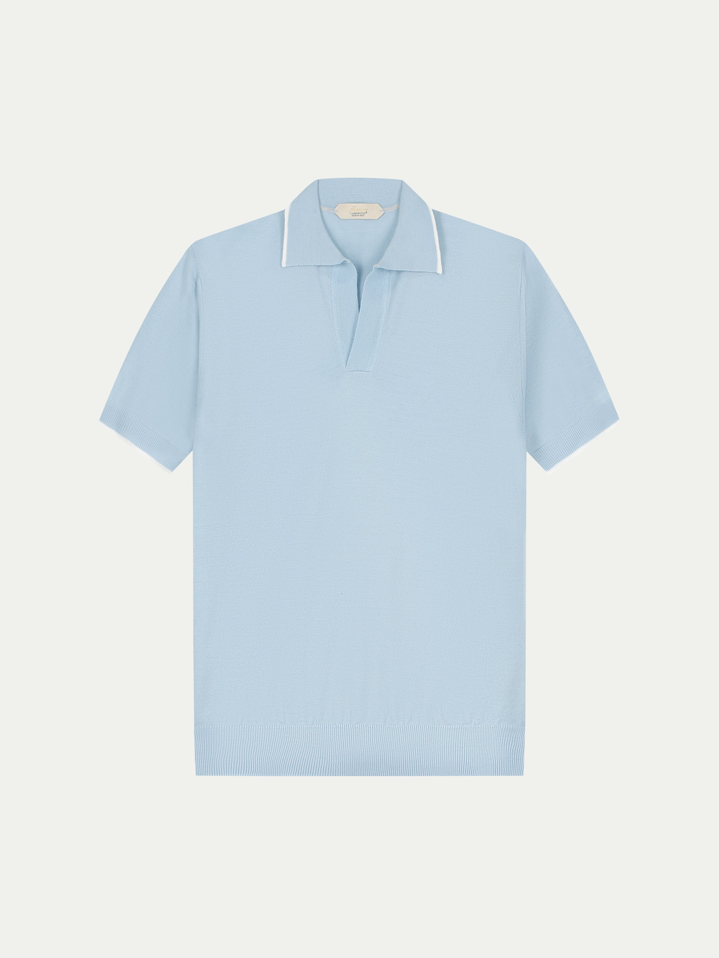 Light Blue Shortsleeve Buttonless Polo White Trim