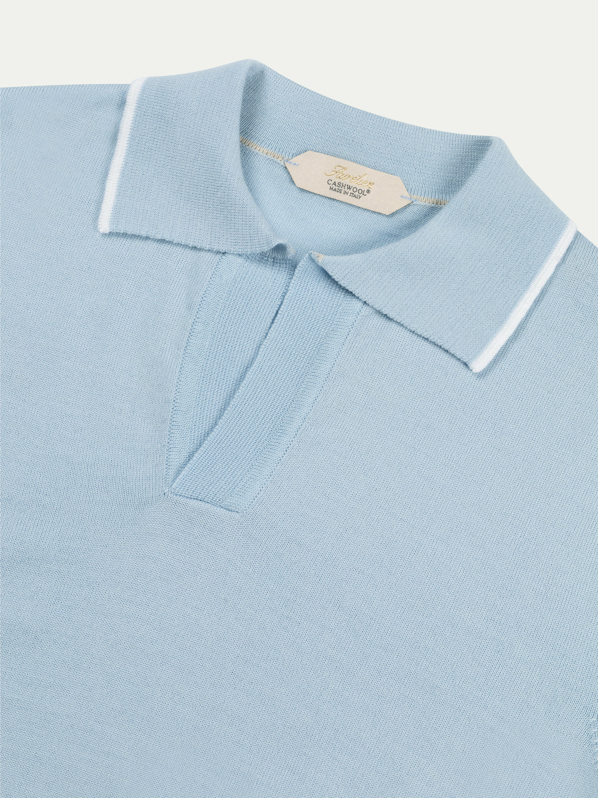 Light Blue Shortsleeve Buttonless Polo White Trim