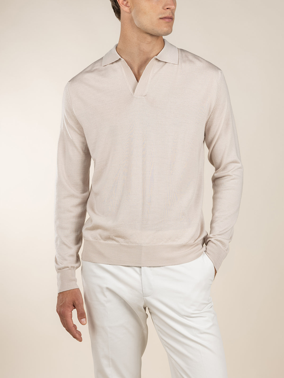 Extrafine Merino Buttonless Polo Ecru
