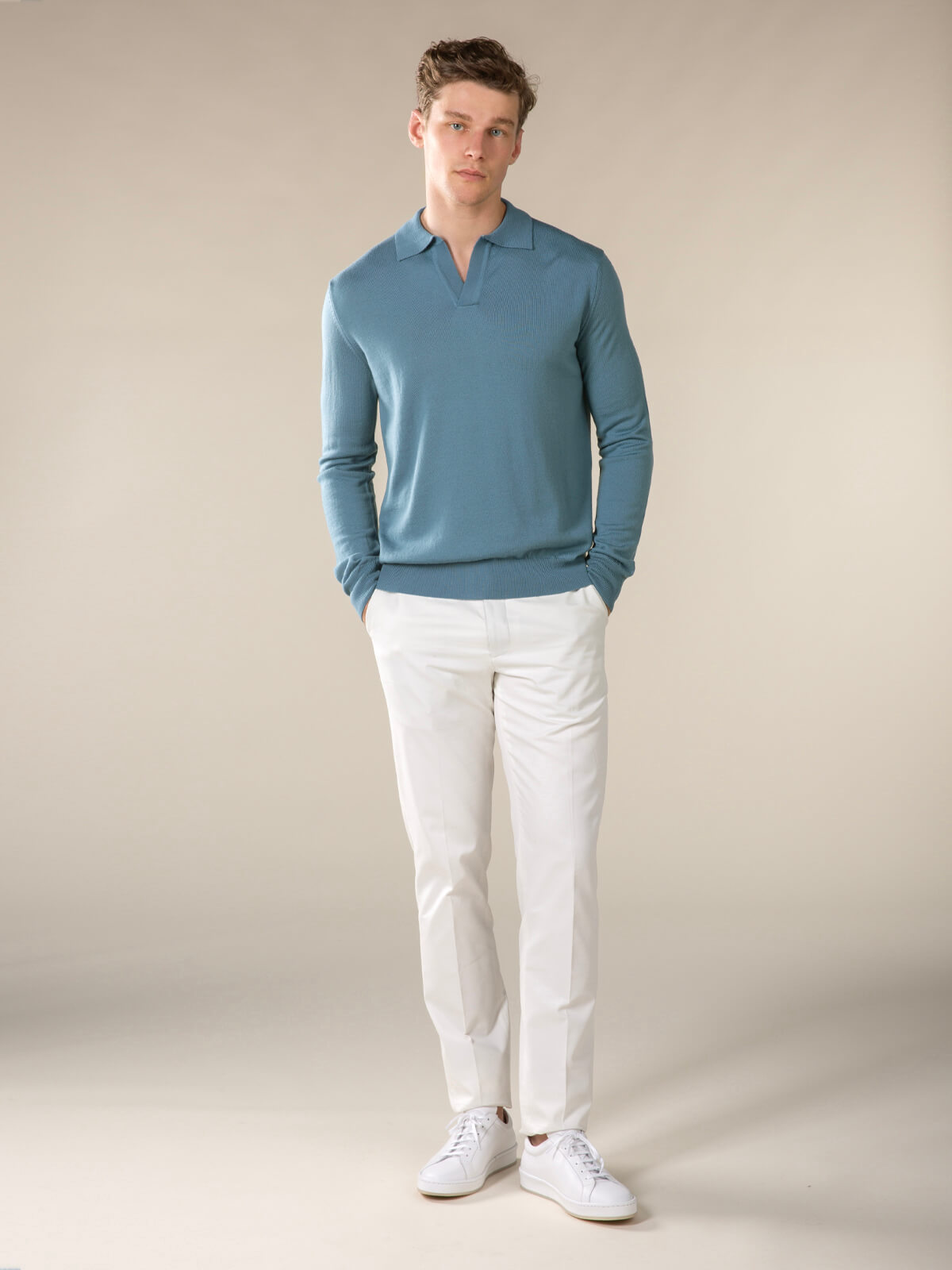 Extrafine Merino Buttonless Polo Sapphire Blue