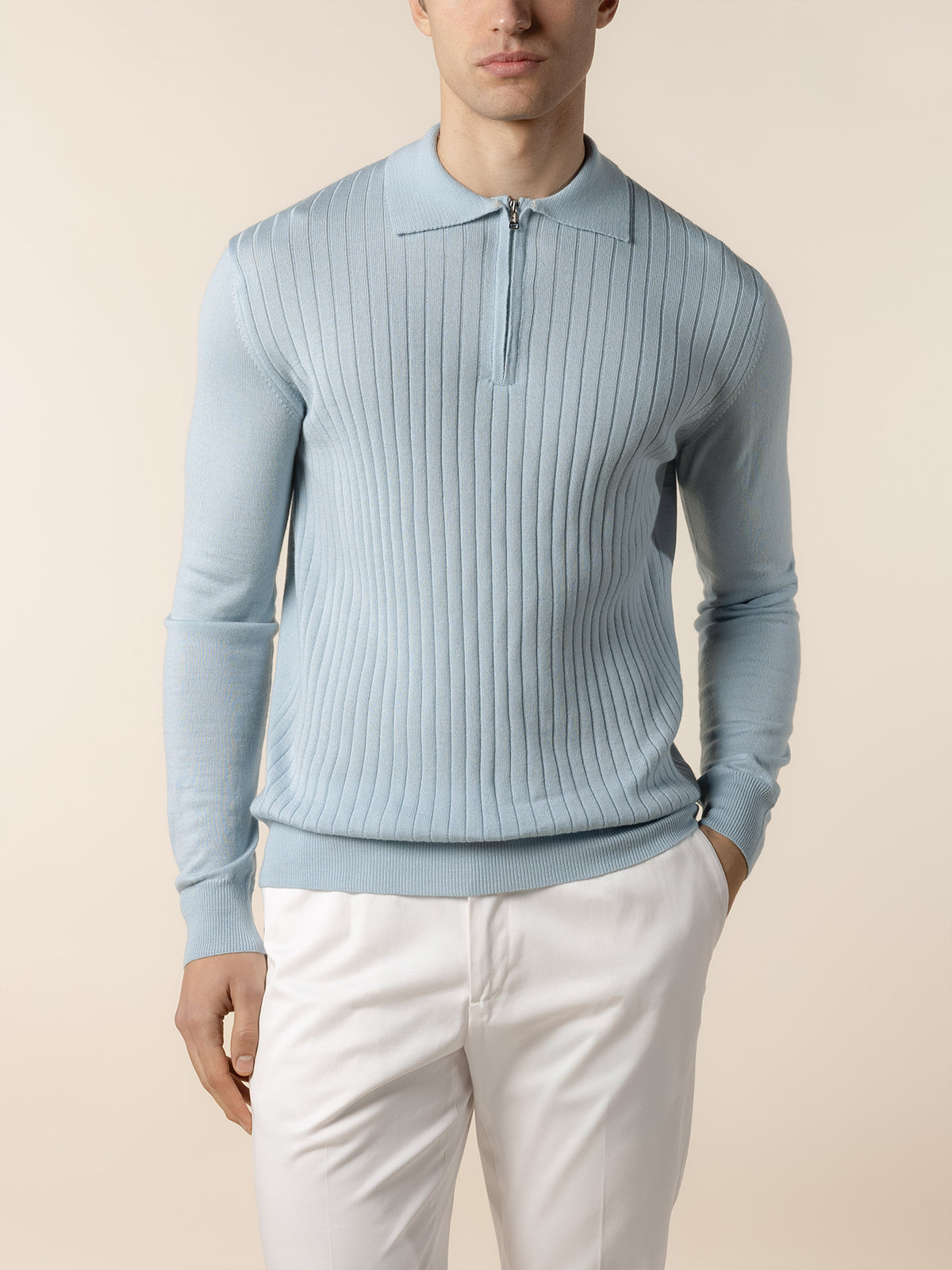 Ribbed Zipper Polo Cool Blue