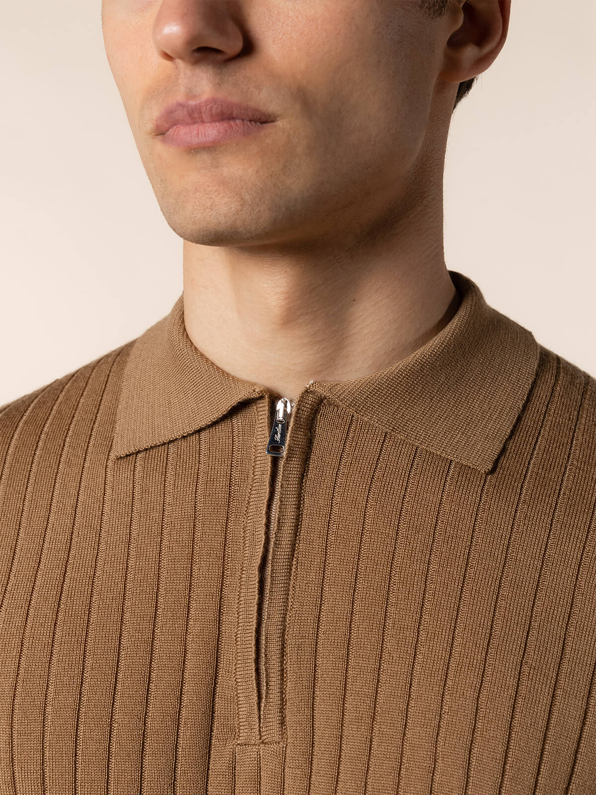 Ribbed Zipper Polo Dark Beige