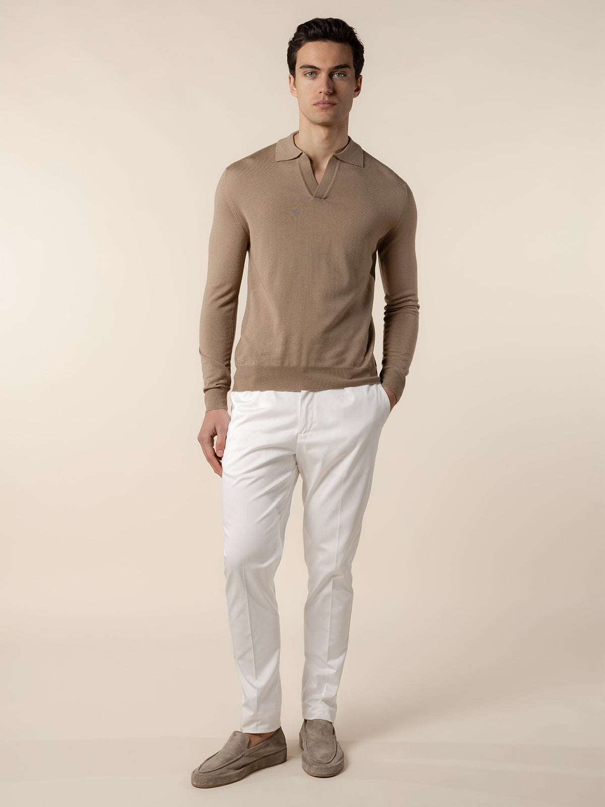 Extrafine Merino Buttonless Polo Hazelnut