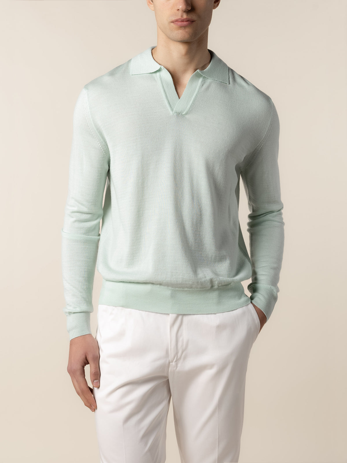 Extrafine Merino Buttonless Polo Light Aqua