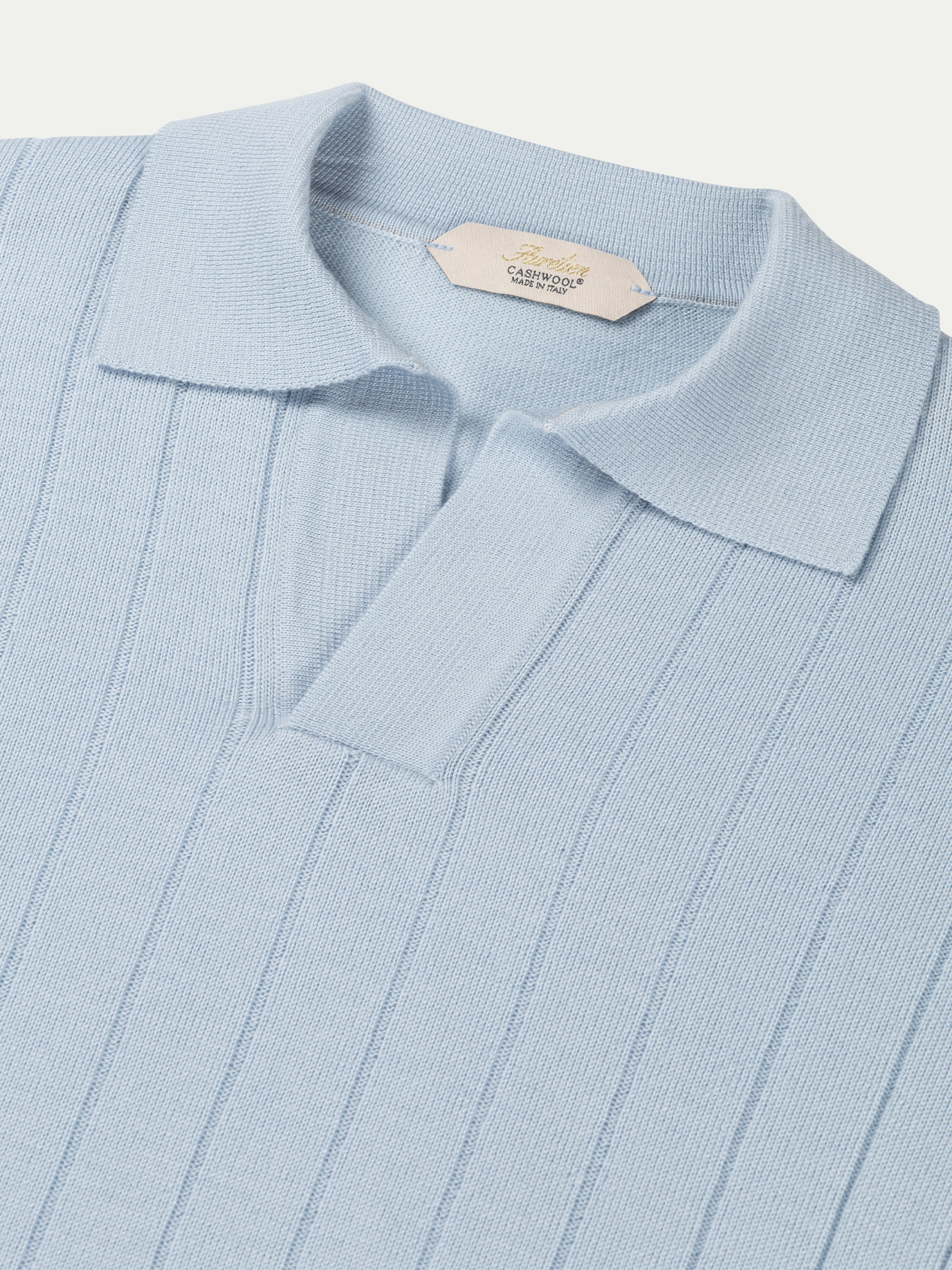 Light Blue Extrafine Merino Ribbed Buttonless Polo