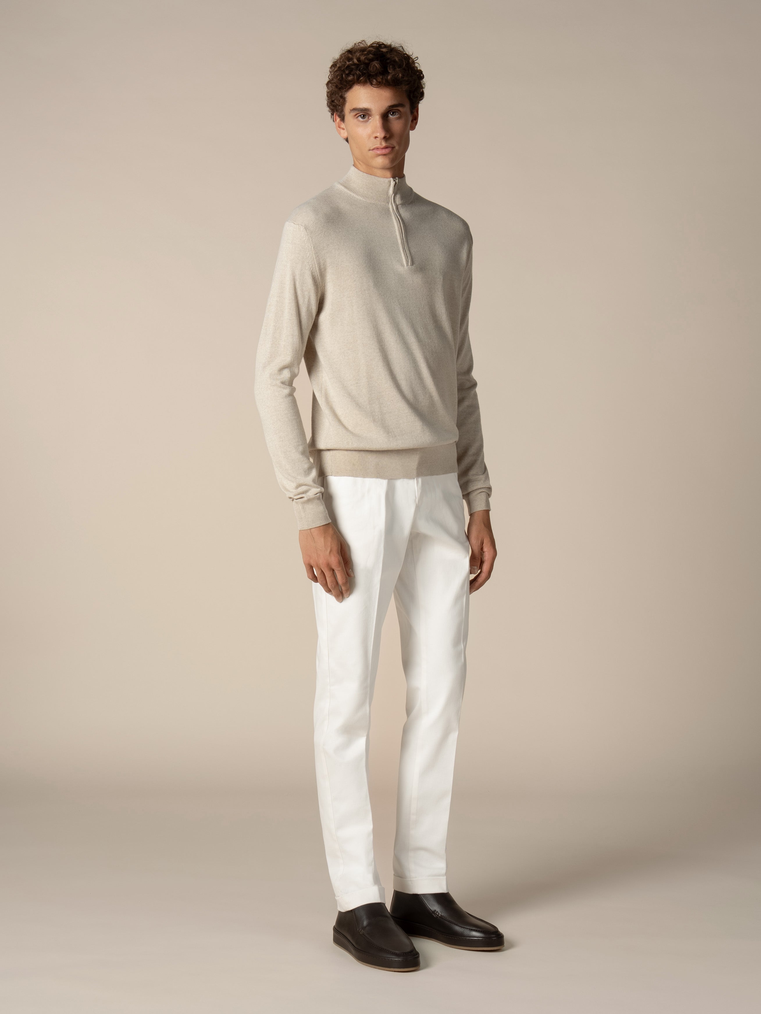 Extrafine Merino Zipper Sweater Light Beige